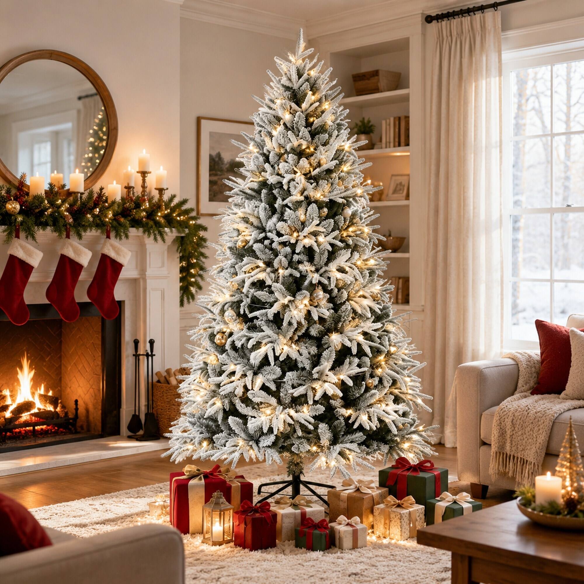 Angle. RYHNUYNE - Pre-Lit Flocked Artificial Christmas Tree With Snow-Dusted Realistic Tips and Easy Setup - White+Green.