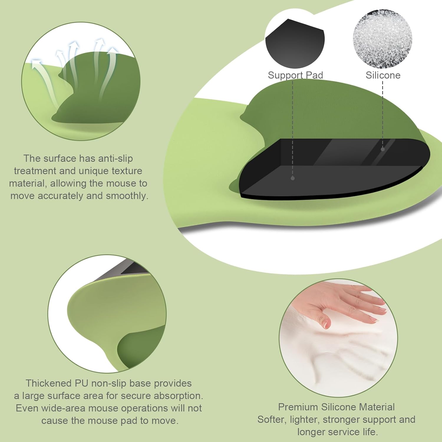 Support Pad Silicone

The surface has anti-slip treatment and unique texture material, allowing the mouse to move accurately and smoothly.

Thickened PU non-slip base provides a large surface area for secure absorption. Even wide-area mouse operations will not cause the mouse pad to move.

Premium Silicone Material
Softer, lighter, stronger support and longer service life.