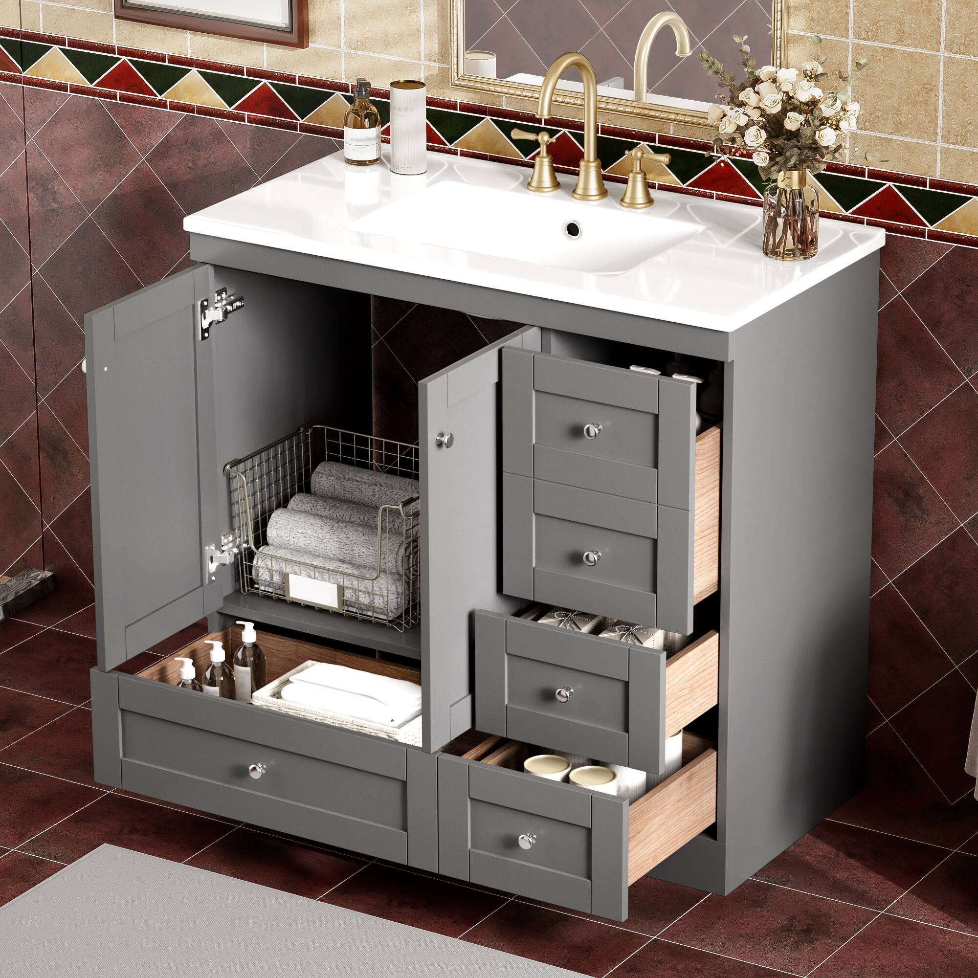 Alt View 10. Glintex - 36" Bathroom Vanity with Sink, Shaker Style Cabinet, 4 Drawers, 2 Doors, Free-Standing Storage Vanity - Grey.