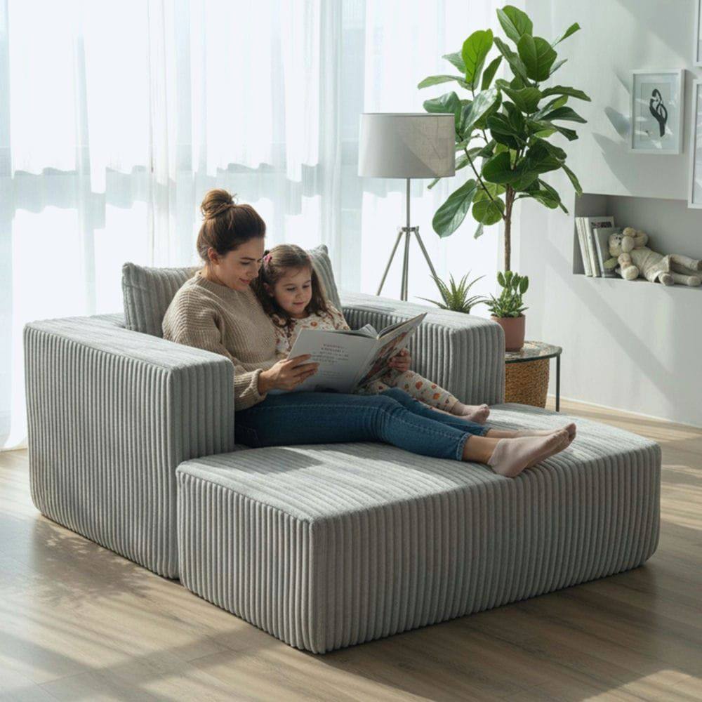 Alt View 9. Kadyn - Oversized All-Foam Corduroy Lounge Chair with Ottoman, Modular Floor Couch, Compressed & Easy Assembly - Gray.