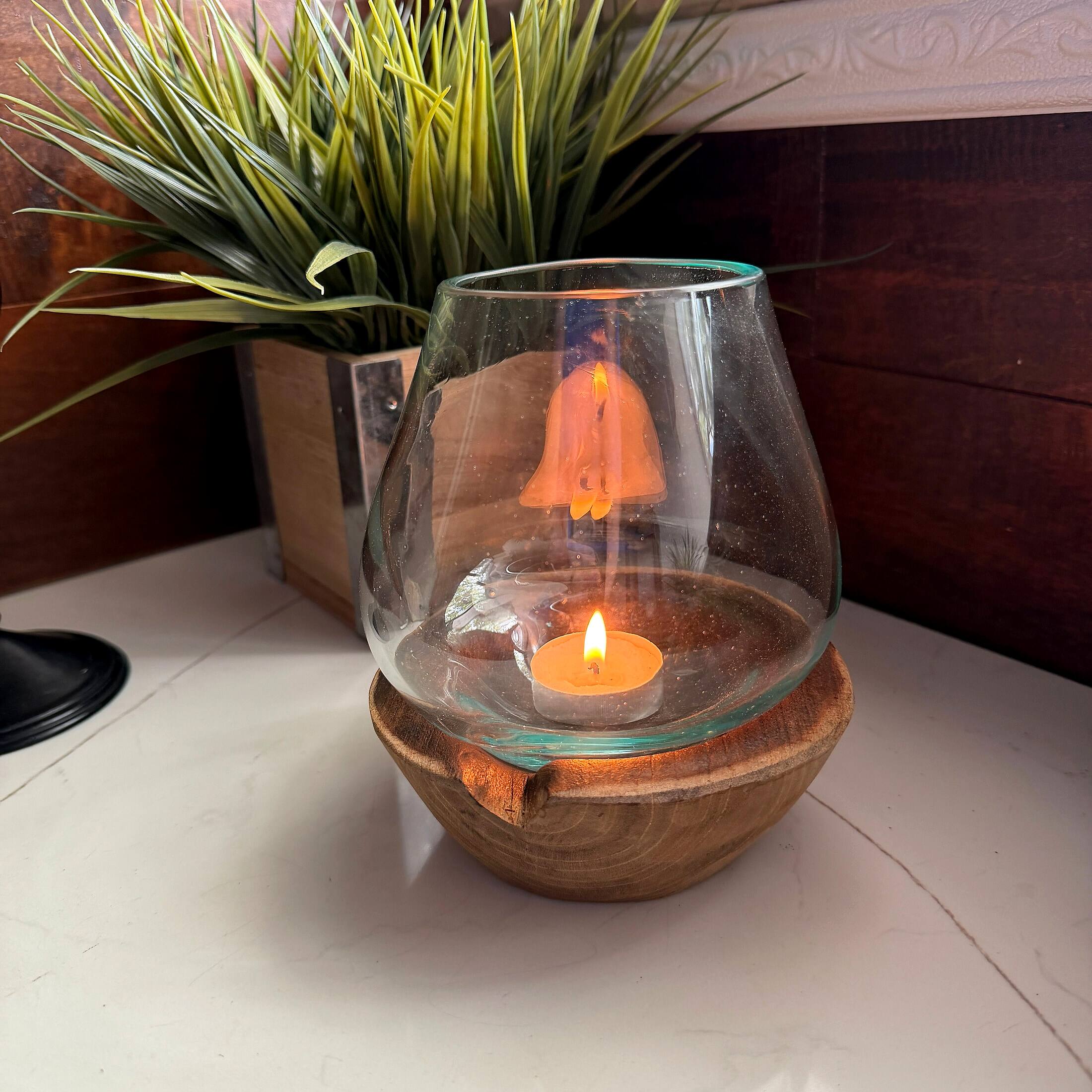 Alt View 5. Things2Die4 - Decorative Glass Candle Lantern Natural Wood Base 6.5 in Handmade Accent - Natural.
