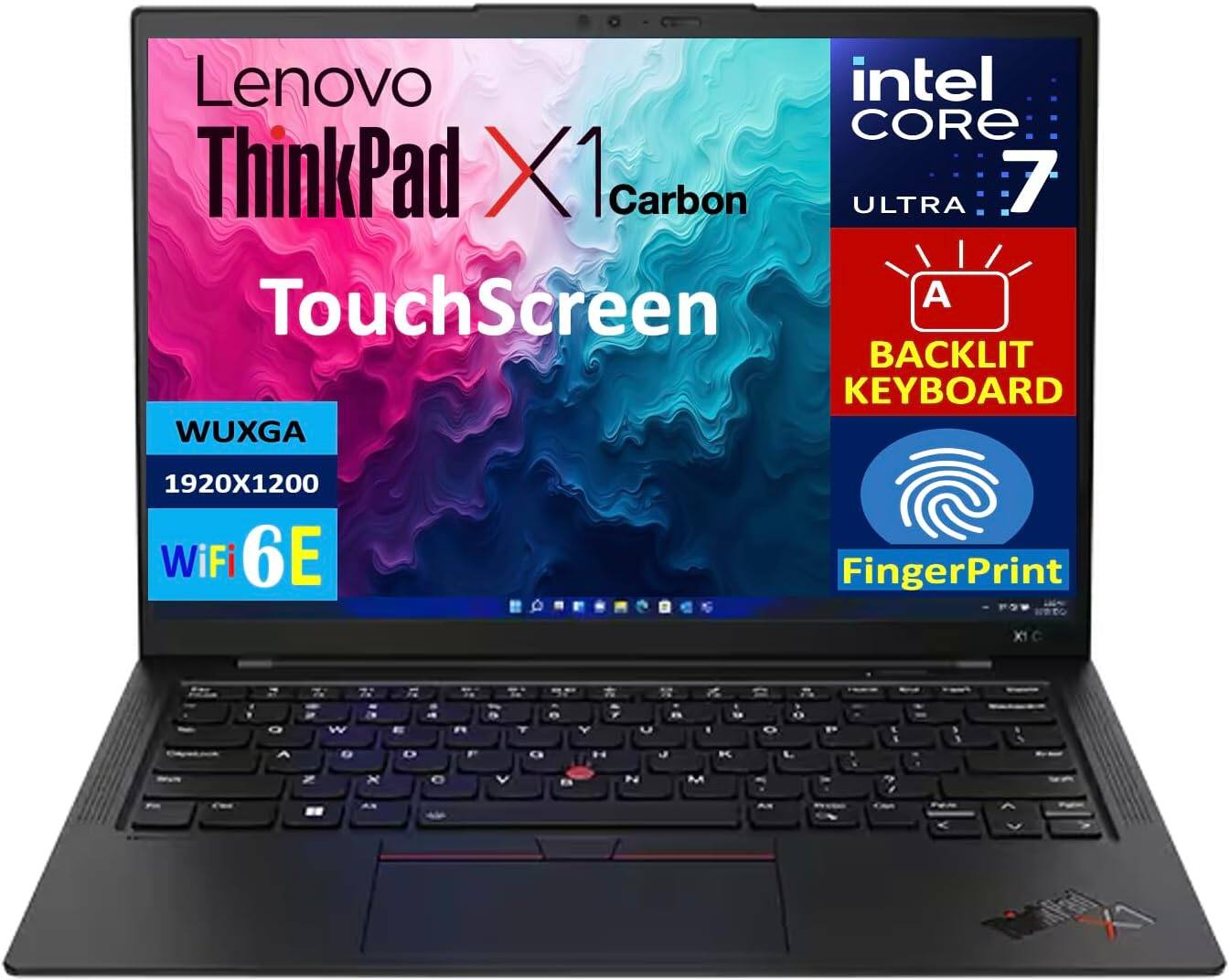 Lenovo ThinkPad X1 Carbon  
TouchScreen  
WUXGA 1920x1200  
WiFi 6E  
Intel Core 7 Ultra  
Backlit Keyboard  
Fingerprint