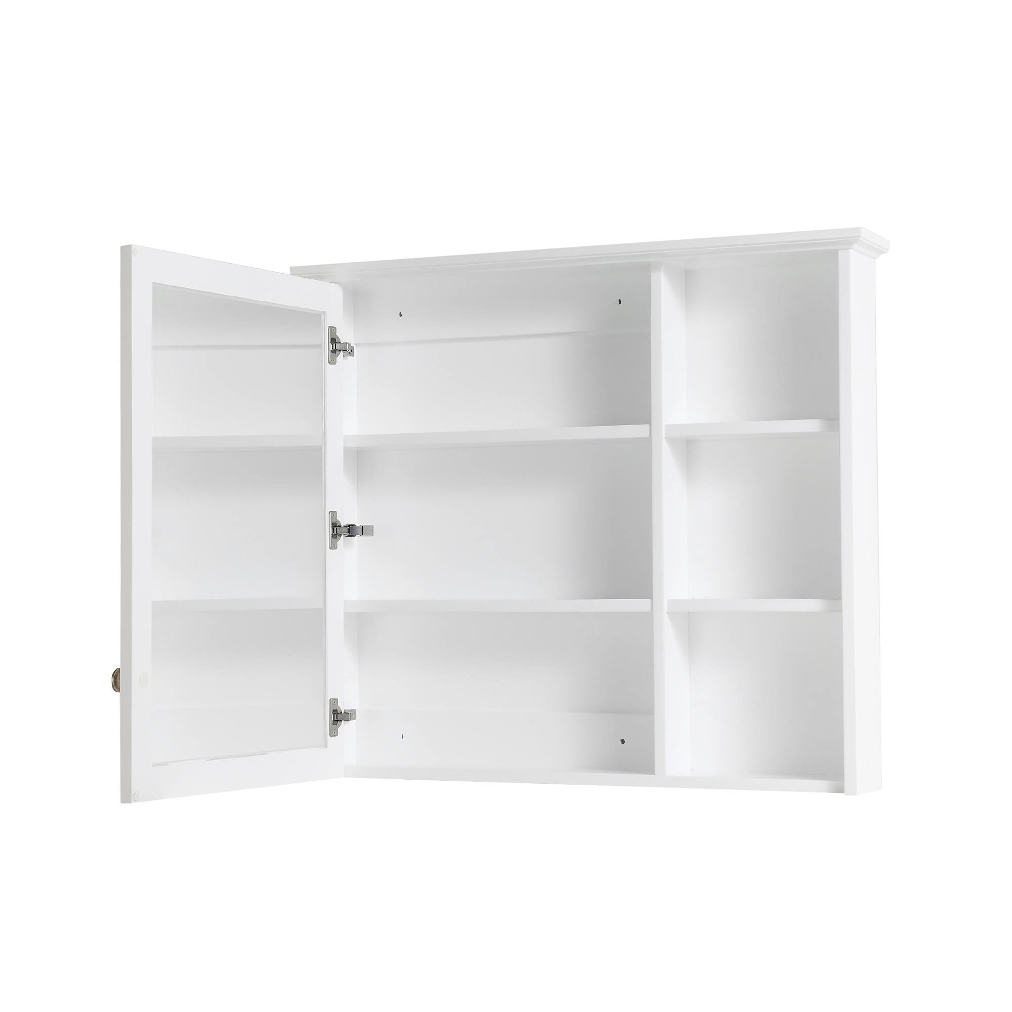 Back. WELLFOR - 34 in. W x 30 in. H Rectangular Solid Wood Frame Surface Mount Medicine Cabinet with Mirror and Soft Close Door - White.