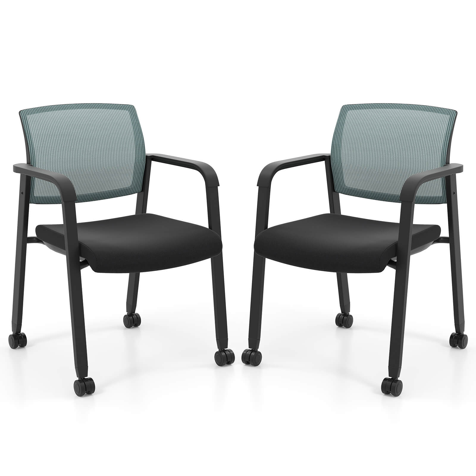 Costway - Conference Chairs Set of 2 Stackable Office Guest Mesh Chair Waiting Room Wheels - Gray