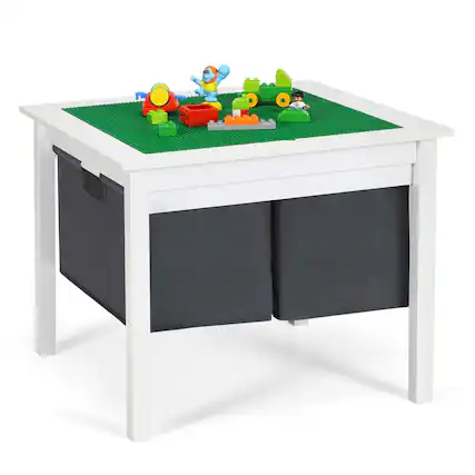 Front. Gymax - Gymax 2-in-1 Kids Double-sided Activity Building Block Table w/ Storage Drawers White - White.