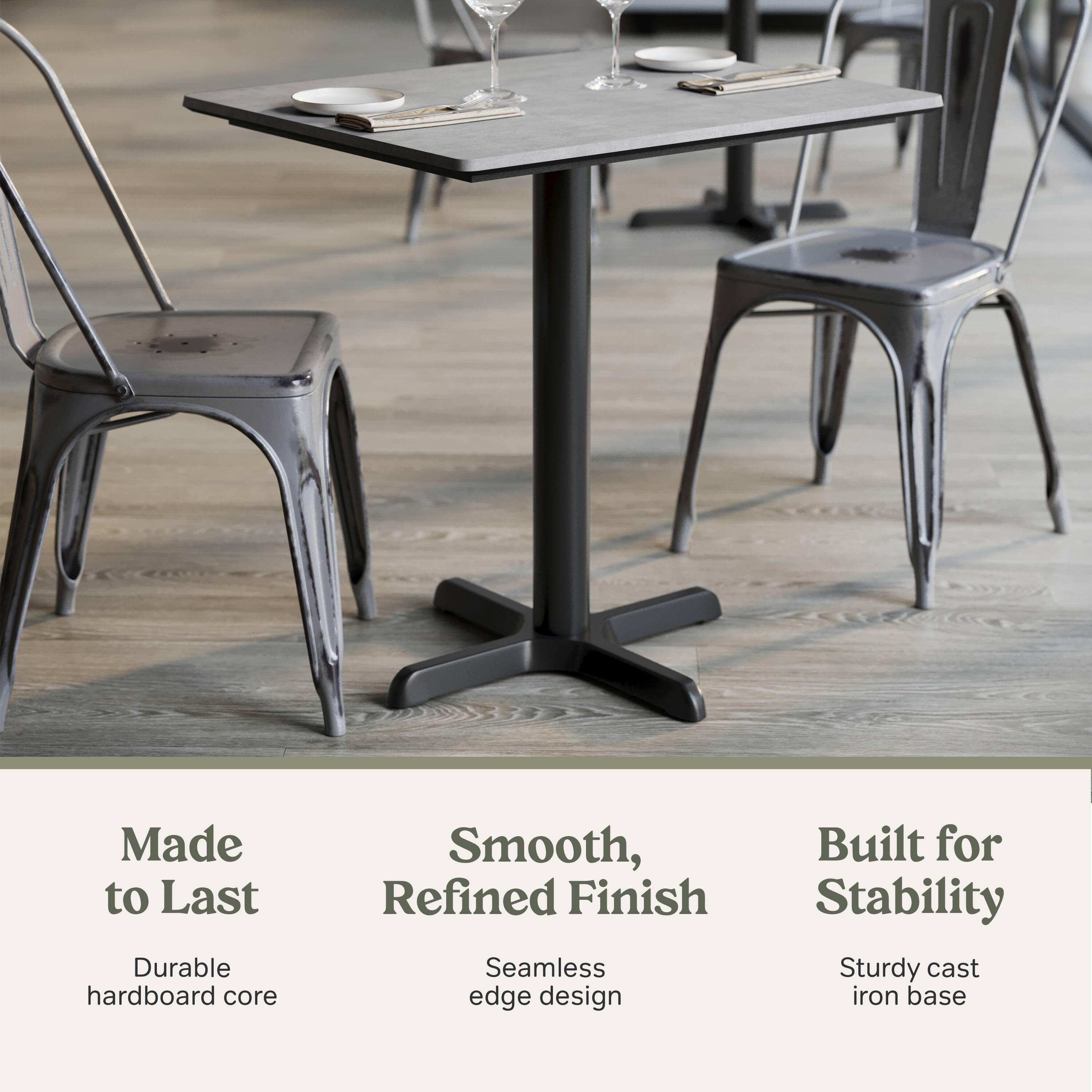 Made to Last  
Durable hardboard core  

Smooth, Refined Finish  
Seamless edge design  

Built for Stability  
Sturdy cast iron base