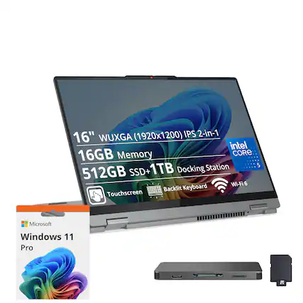 16" (1920x1200) IPS 2-in-1 WUXGA Intel Core i5 16GB Memory 512GB SSD+1TB Docking Station Wi-Fi 6 Backlit Keyboard Touchscreen Microsoft Windows 11 Pro