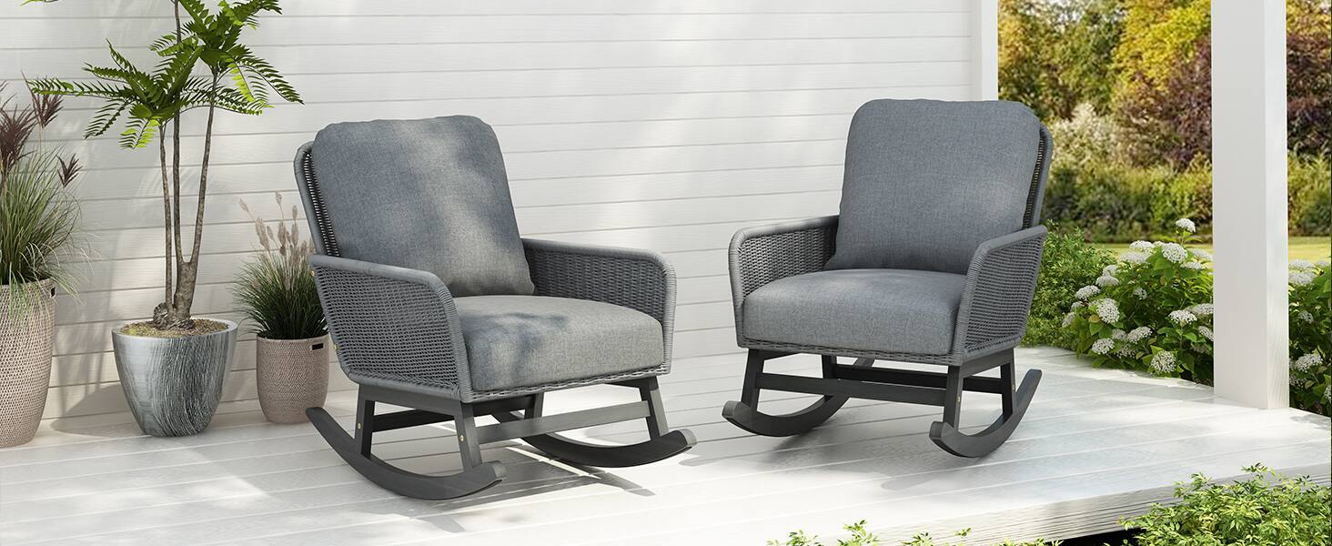 Angle. Tiramisubest - [Set of 2] Minimalist Wicker Rocking Chair with Polyester Cushions and Wooden Frame for Indoor and Outdoor Spaces,Gray - Gray.