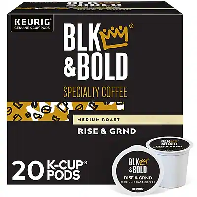 KEURIG
GENUINE K-CUP PODS
BLK & BOLD
SPECIALTY COFFEE
MEDIUM ROAST
RISE & GRND
20 K-CUP PODS
BLK & BOLD
RISE & GRND
MEDIUM ROAST COFFEE
KEURIG