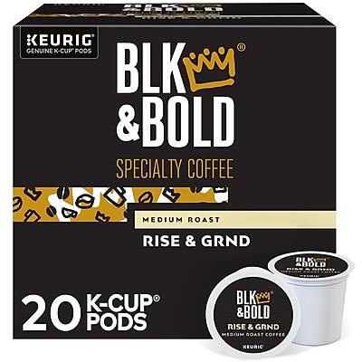 KEURIG  
GENUINE K-CUP PODS  

BLK & BOLD  
SPECIALTY COFFEE  

MEDIUM ROAST  
RISE & GRND  

20 K-CUP PODS  

BLK & BOLD  
RISE & GRND  
MEDIUM ROAST COFFEE  
KEURIG