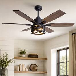 Siljoy - 52 Inch 6-Blade Farmhouse Caged Ceiling Fan Light Black Reversible Wood Blades with Downrod for Bedroom Living Room - Brown