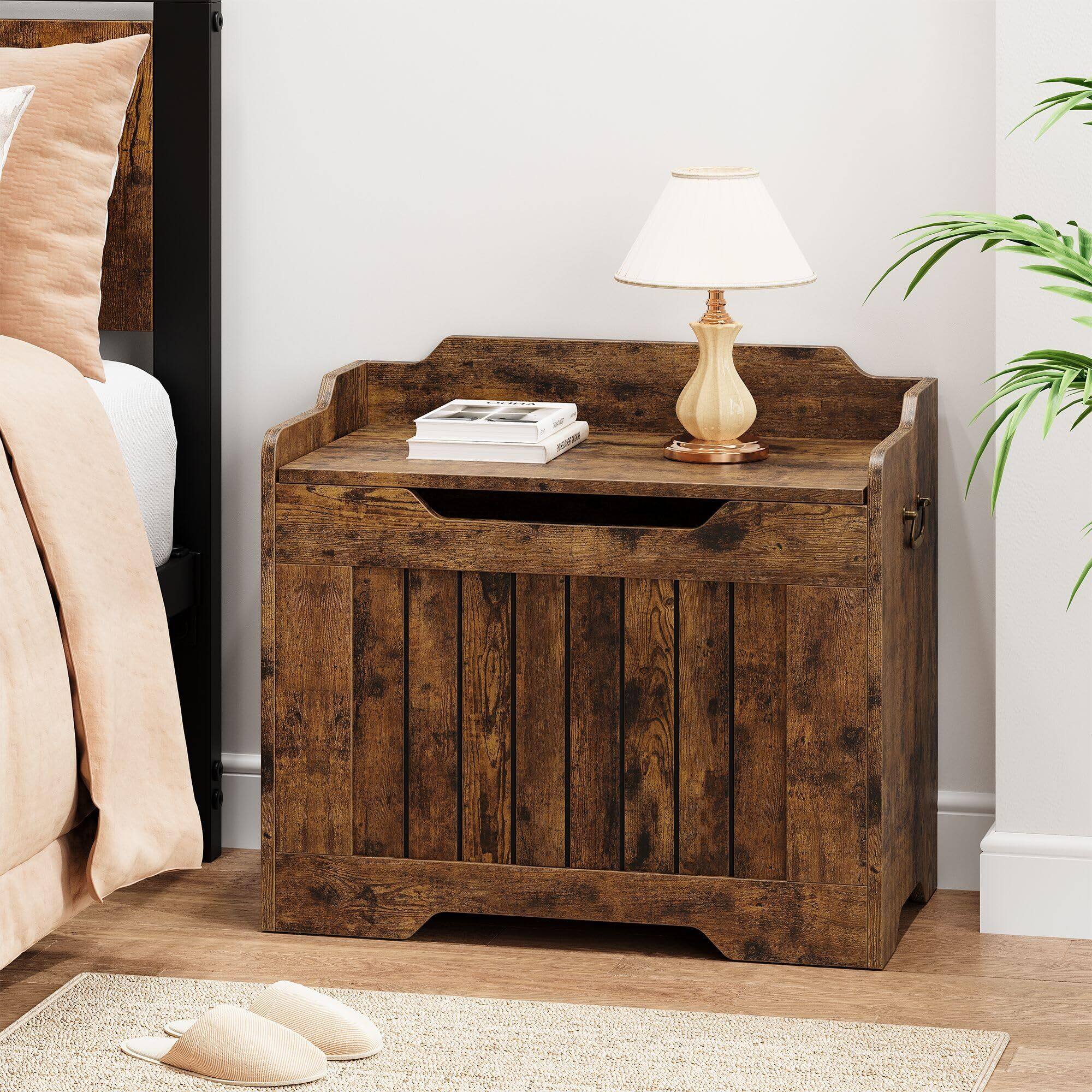 Alt View 3. Jojoka - Storage Bench with Safety Hinge, Wood Large Toy Box, Storage Trunk for Entryway, Living Room, Bedroom - Rustic Brown.