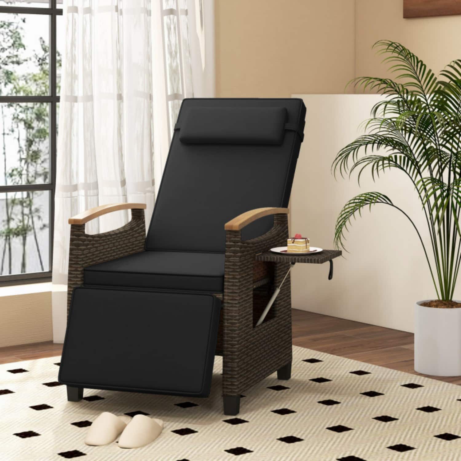 Mondawe - Patio Wicker Recliner Chair w Adjustable Backrest & Footrest Flip Side Table PE Rattan 150° - Black price history on PriceWatchPro