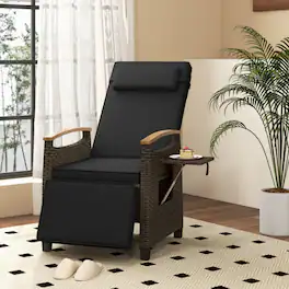 Mondawe - Patio Wicker Recliner Chair w Adjustable Backrest & Footrest Flip Side Table PE Rattan 150° - Black