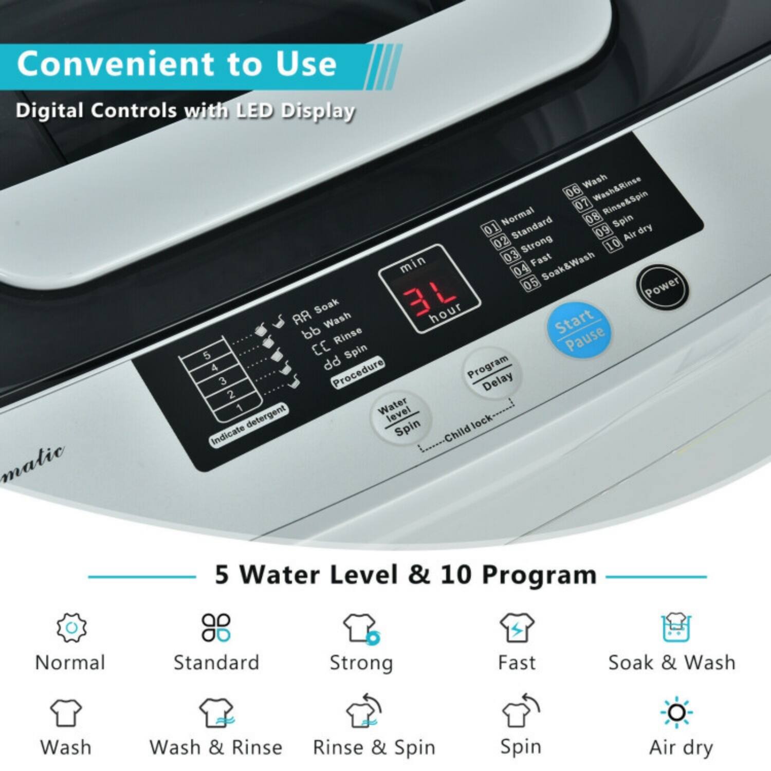 Convenient to Use  
Digital Controls with LED Display  

5 Water Level & 10 Program  

- Normal  
- Standard  
- Strong  
- Fast  
- Soak & Wash  
- Wash  
- Wash & Rinse  
- Rinse & Spin  
- Spin  
- Air dry  

Program Delay  
Water Level  
Spin  
Child lock  
Indicate detergent  
Start  
Pause  

5 Water Level & 10 Program