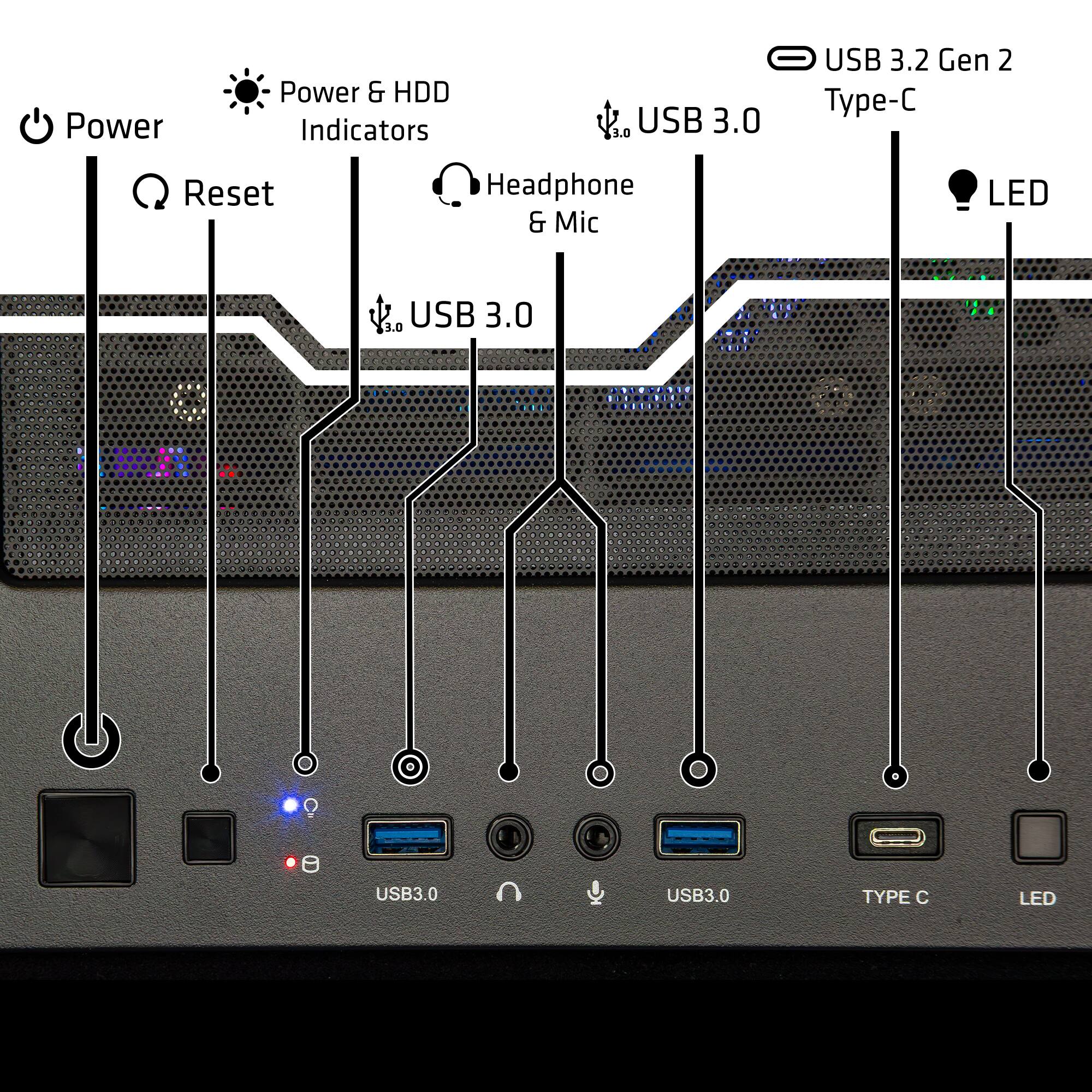 Power & HDD Indicators  
Power  
Reset  
Headphone & Mic  
USB 3.0  
USB 3.0  
USB 3.2 Gen 2 Type-C  
LED