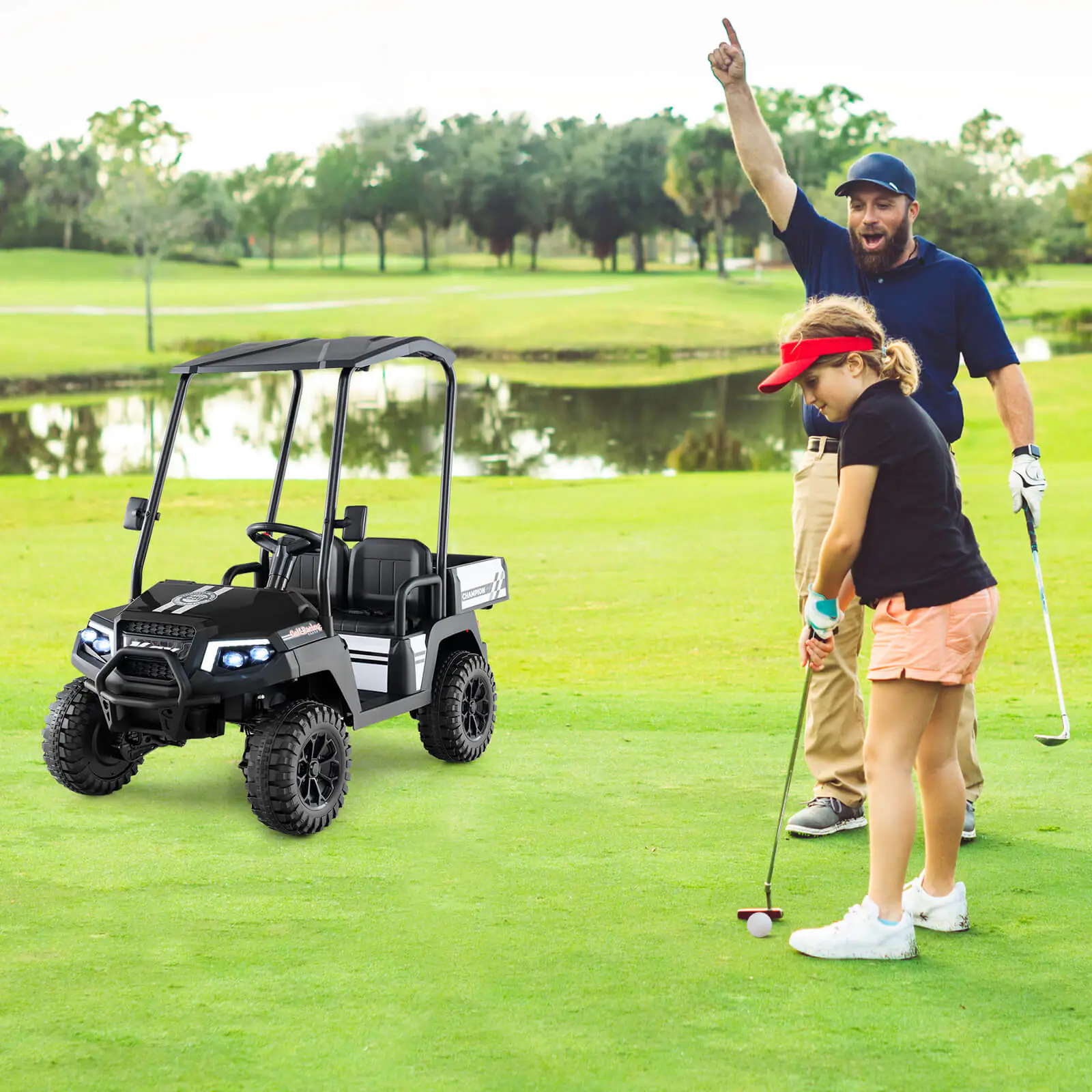 Front. Costway - Costway 24V 7AH Kids Golf Cart 4WD 2 Seater Ride on Car with Sun Shade & Dump Bed - Black.