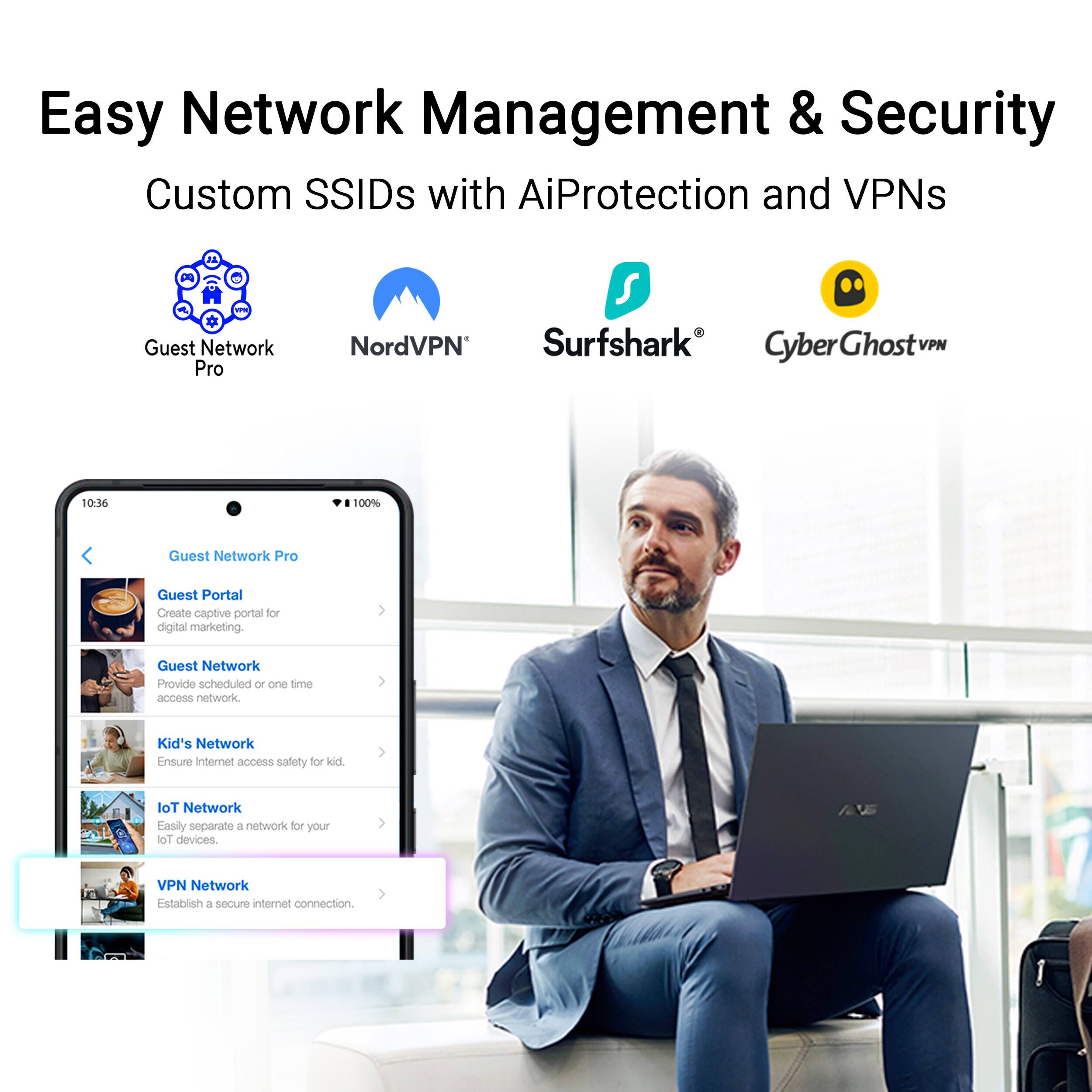Easy Network Management & Security  
Custom SSIDs with AiProtection and VPNs  

- Guest Network Pro  
- NordVPN  
- Surfshark  
- CyberGhost VPN  

Guest Network Pro  
- Guest Portal: Create captive portal for digital marketing.  
- Guest Network: Provide scheduled or one-time access network.  
- Kid's Network: Ensure internet access safety for kids.  
- IoT Network: Easily separate a network for your IoT devices.  
- VPN Network: Establish a secure internet connection.