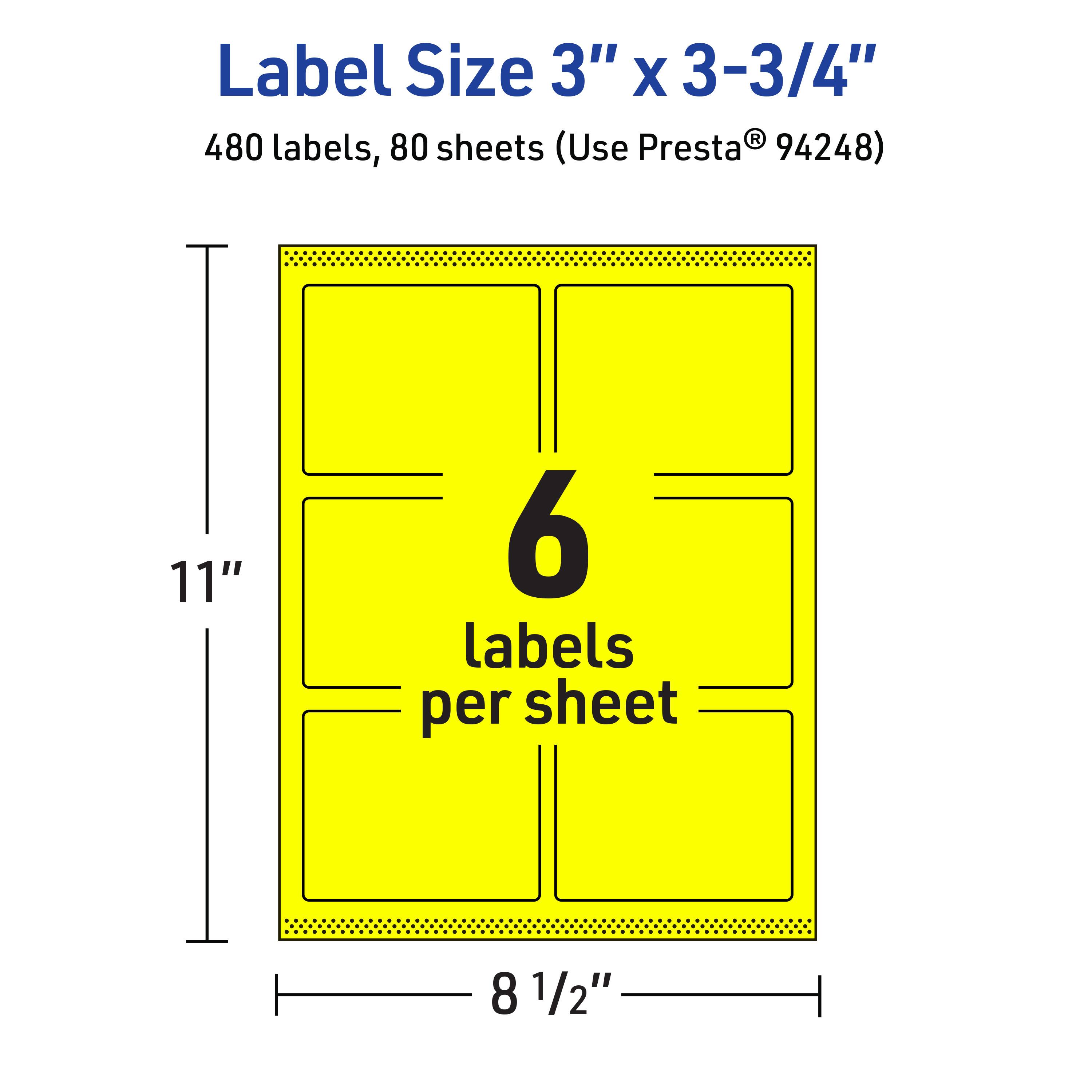 Label Size 3" x 3-3/4"  
480 labels, 80 sheets (Use Presta® 94248)  
6 labels per sheet  
11"  
8 1/2"
