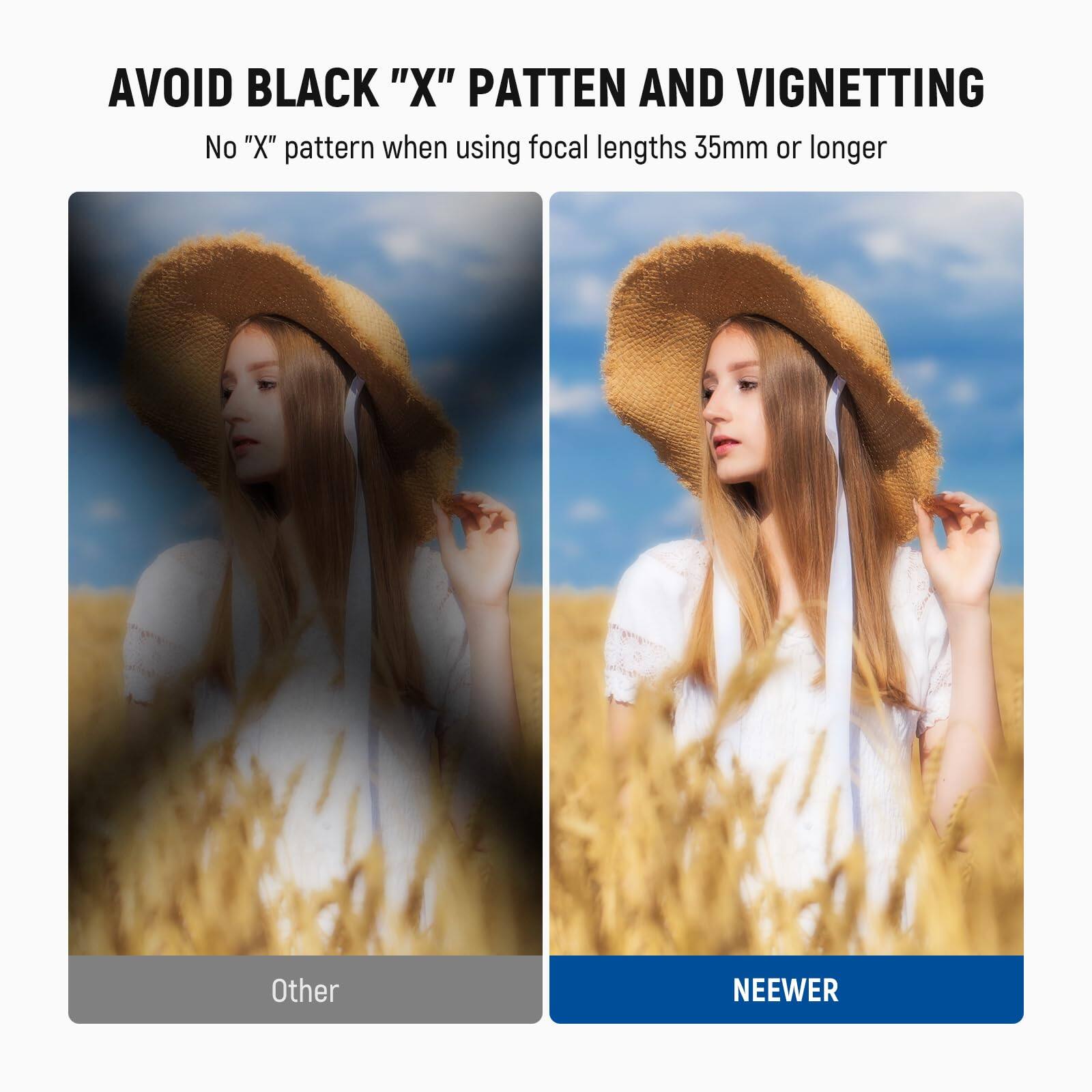 AVOID BLACK "X" PATTERN AND VIGNETTING  
No "X" pattern when using focal lengths 35mm or longer  

Other  
NEEWER