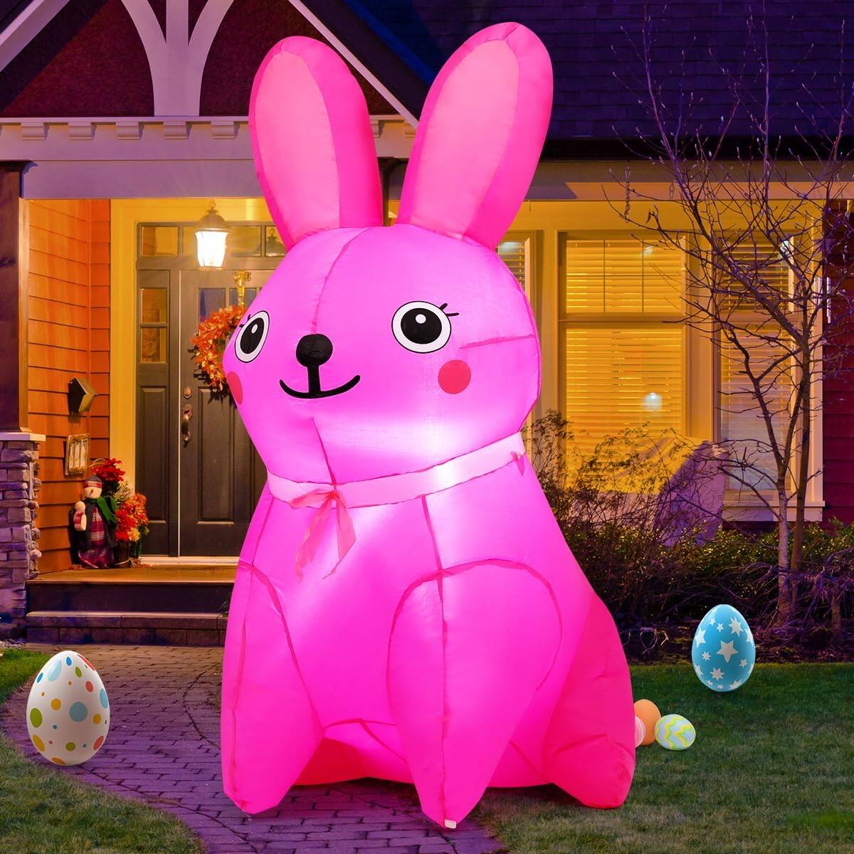 Angle. GOOSH Inflatables - GOOSH 5FT Easter Inflatables Bunny Pink Rabbit with LED Lights - Pink.