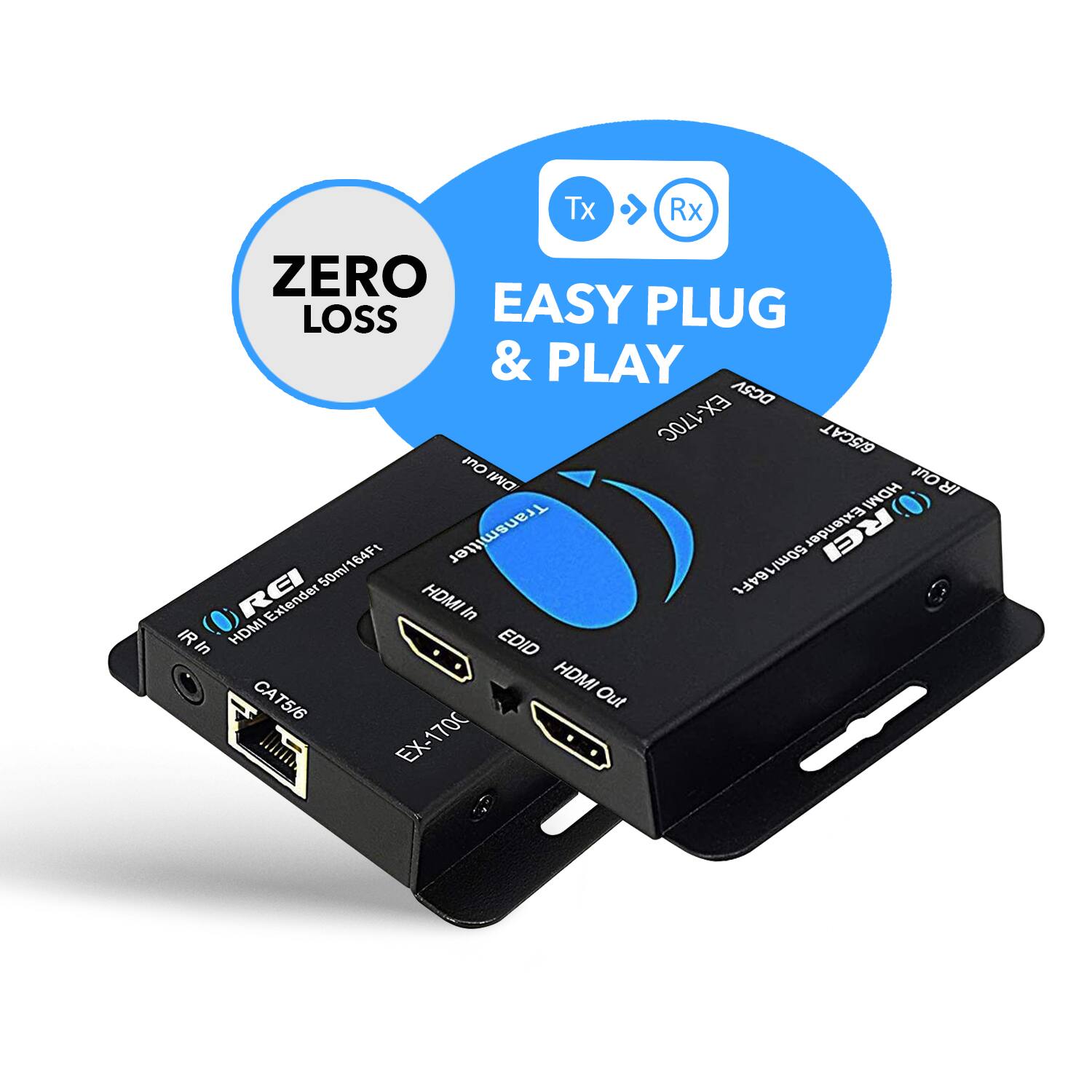 The text on the image can be grouped and corrected as follows:

**Product Name:**
- Transmitter Extender

**Features:**
- Zero Loss
- Easy Plug & Play
- DCSV EX-170C ESCAT UOIMO

**Specifications:**
- 50m/164ft
- HDMI in IR In
- HDMI EDID
- HDMI CAT5/6 Out

**Model:**
- EX-170C

This product is an HDMI transmitter extender that supports zero loss transmission over a distance of 50 meters (164 feet) using CAT5/6 cables. It has easy plug-and-play functionality and includes IR input.