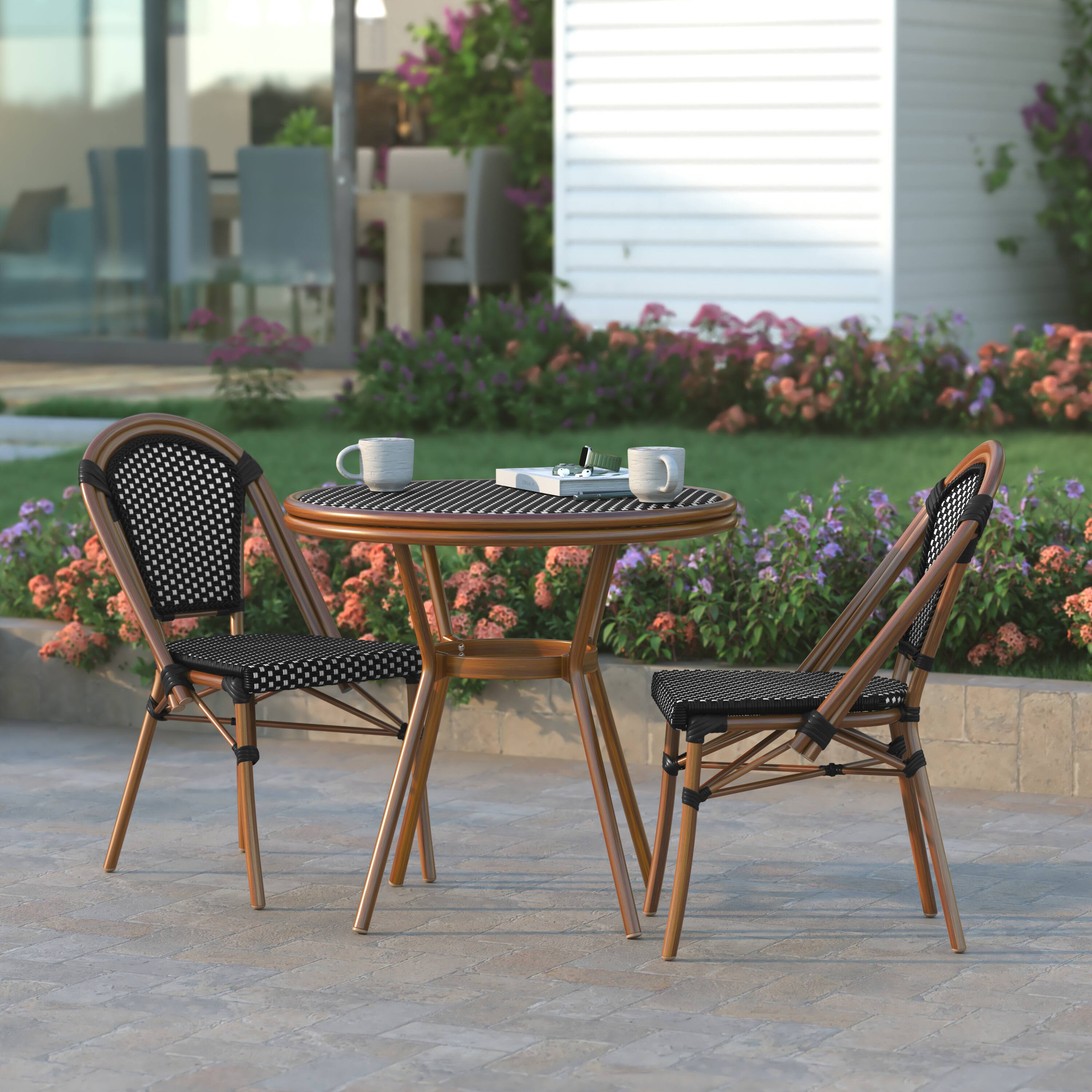 Alt View 3. Emma + Oliver - Colmar Indoor/Outdoor Bistro Style 31.5 in. Table with PE Rattan, Glass Top, and Bamboo Finished Metal Frame - Black & White Rattan/Natural Frame.