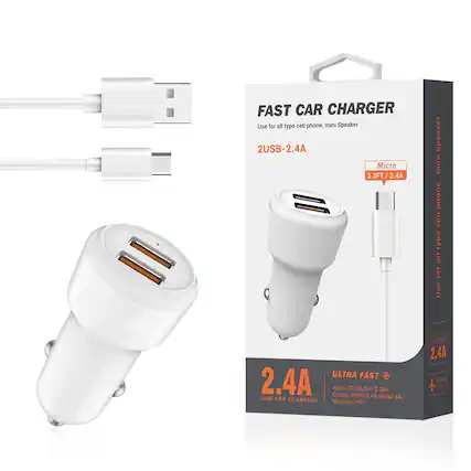 FAST CAR CHARGER
Use for all type cell phone, mini Speaker
2USB-2.4A
Micro 3.3FT / 2.4A
ULTRA FAST 2.4A
Input: DC 12-24V 0.35A
Output: DC5V/2.4A (Max 28A)
Material: PC
2.4A USB CAR CHARGING