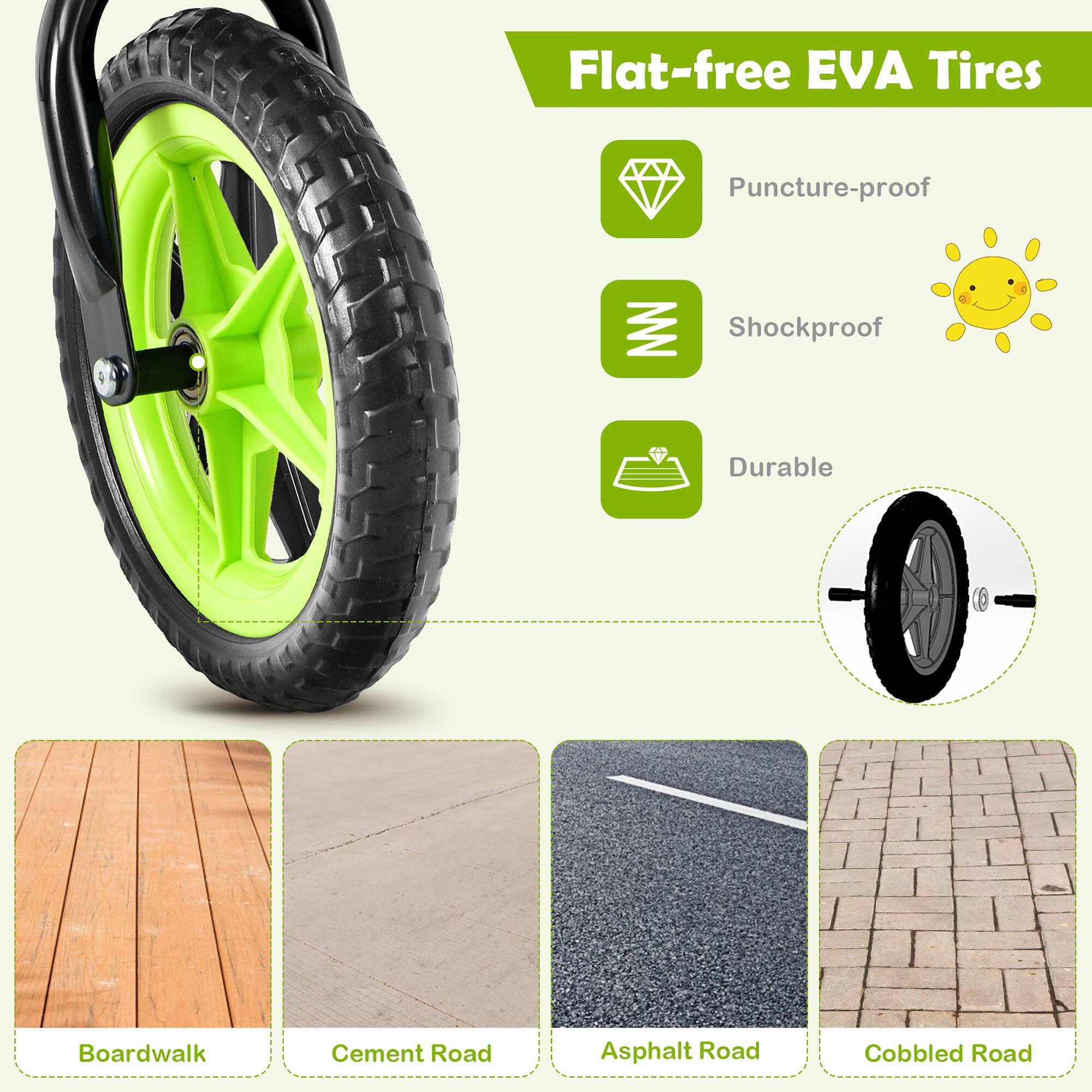 Flat-free EVA Tires

- Puncture-proof
- Shockproof
- Durable

Boardwalk  
Cement Road  
Asphalt Road  
Cobbled Road