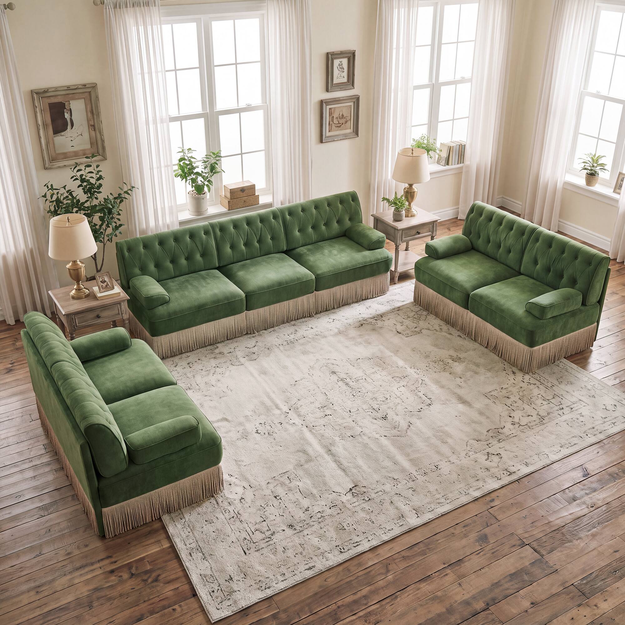 Front. Anysun - Chesterfield Upholstered 3‑Piece Sofa Set, 2Pcs 2-Seater & 1Pc 3-Seater Button-Tufted Velvet Couch with Tassel Skirt - Green.
