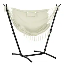 Outsunny - Patio Hammock Chair with Stand, Outdoor Hammock Swing Hanging Lounge Chair with Side Pocket and Headrest - Cream White