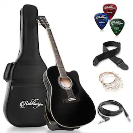 Ashthorpe - Full-Size Cutaway Thinline Acoustic-Electric Guitar w/ Gig Bag and EQ - Black