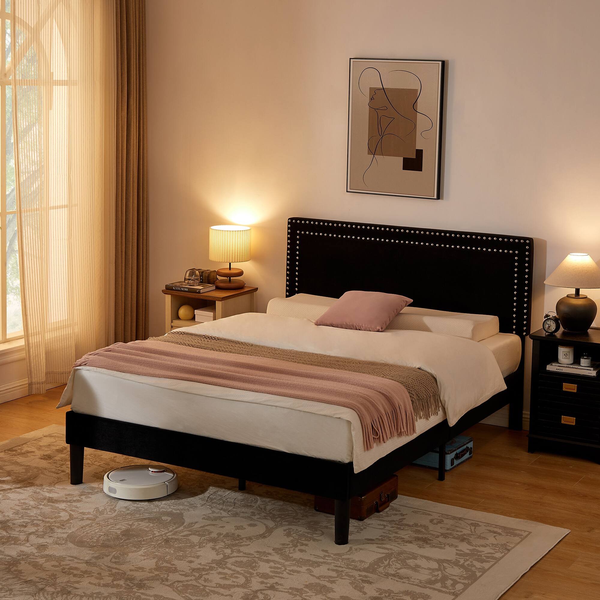 Alt View 4. Vecelo - Queen Size Platform Bed Frame with Adjustable Upholstered Headboard, Strong Wood Slat Support,No Box Spring Needed - Black.