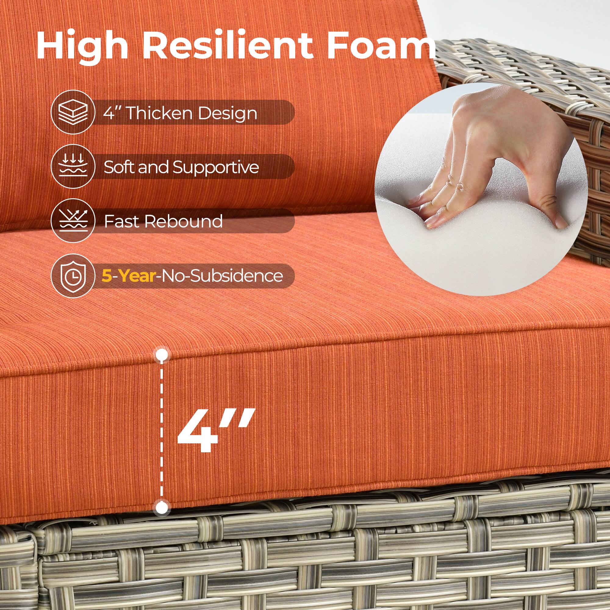 High Resilient Foam

- 4" Thick Design
- Soft and Supportive
- Fast Rebound
- 5-Year-No-Subsidence

4"