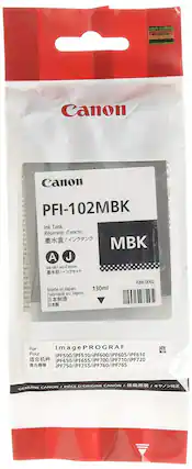 Canon
PFI-102MBK
Ink Tank
Reservoir d'encre
墨水盒 / インクタンク
MBK
A Set / J Ink set / Jeu d'encre
Made in Japan
Fabriqué au Japon
日本製
130ml
A86-0002
For
Pour
適合機種
imagePROGRAF
iPF500/iPF510/iPF600/iPF605/iPF610
iPF650/iPF655/iPF700/iPF710/iPF720
iPF750/iPF755/iPF760/iPF765
Genuine Canon / Pièce d'Origine Canon / 佳能原装 / キヤノン純正
