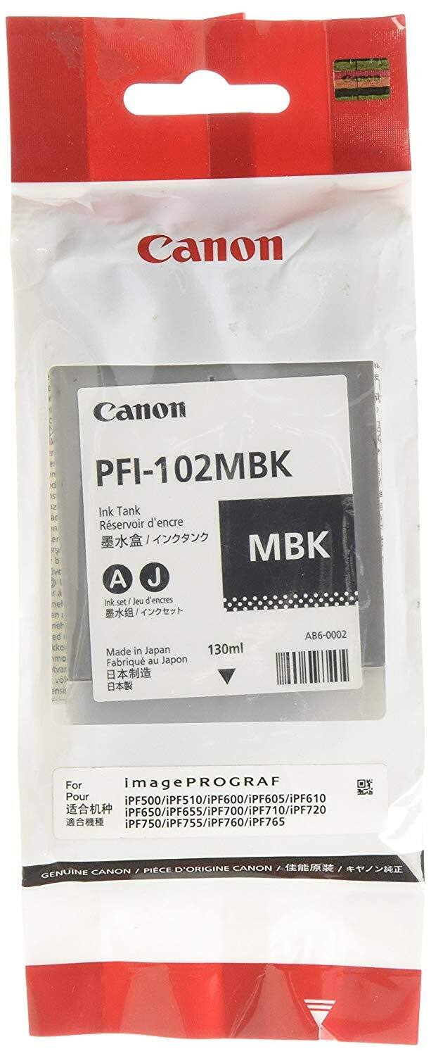 Canon  
PFI-102MBK  
Ink Tank  
Reservoir d'encre  
墨水盒 / インクタンク  
MBK  
A Set / J Ink set / Jeu d'encre  
Made in Japan  
Fabriqué au Japon  
日本製  
130ml  
A86-0002  

For  
Pour  
適合機種  
imagePROGRAF  
iPF500/iPF510/iPF600/iPF605/iPF610  
iPF650/iPF655/iPF700/iPF710/iPF720  
iPF750/iPF755/iPF760/iPF765  

Genuine Canon / Pièce d'Origine Canon / 佳能原装 / キヤノン純正
