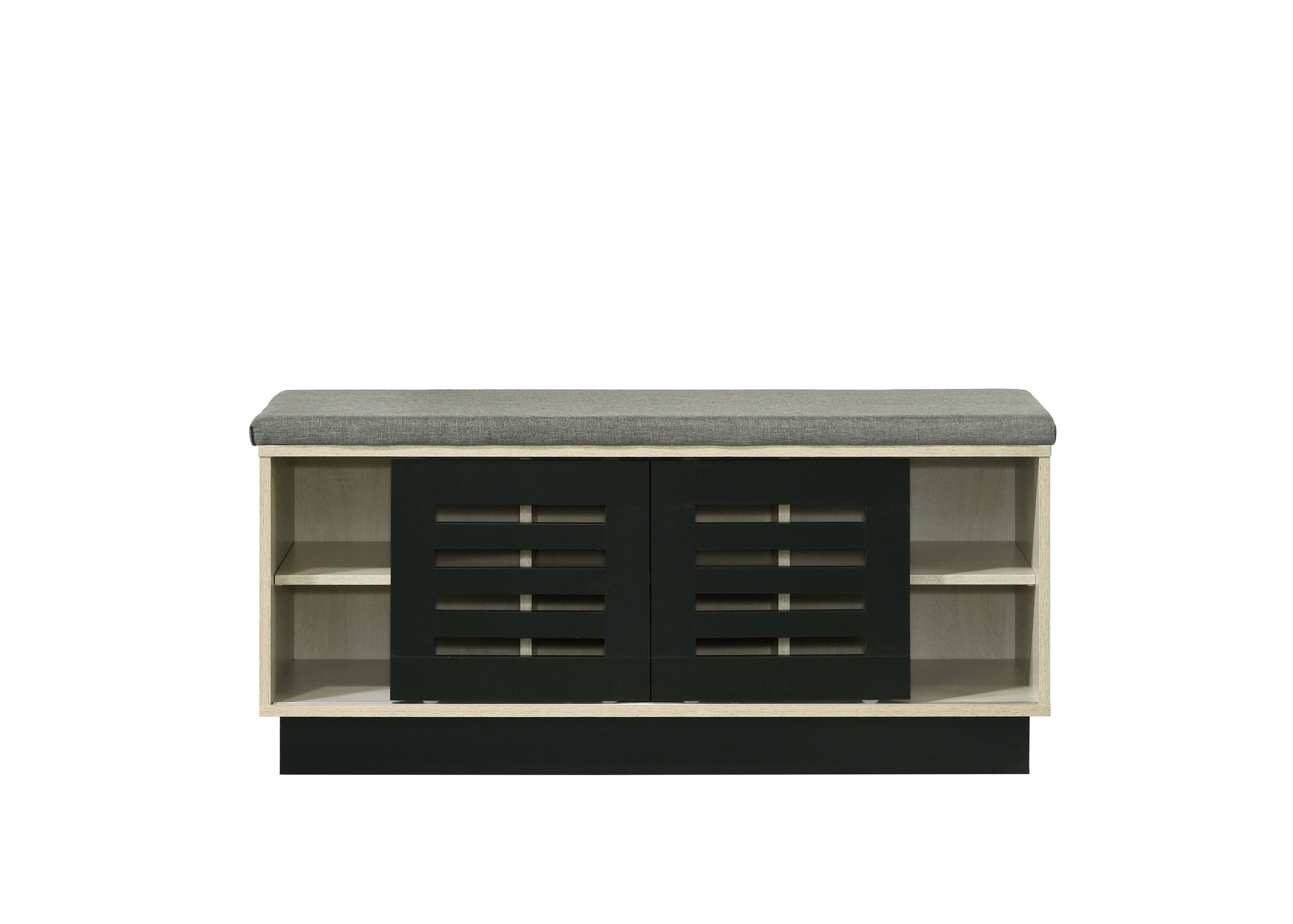 Back. TinyHomie - Brett 38.5in W Oak Finish Shoe Cabinet with Sliding Doors Upholstered Top - Oak.