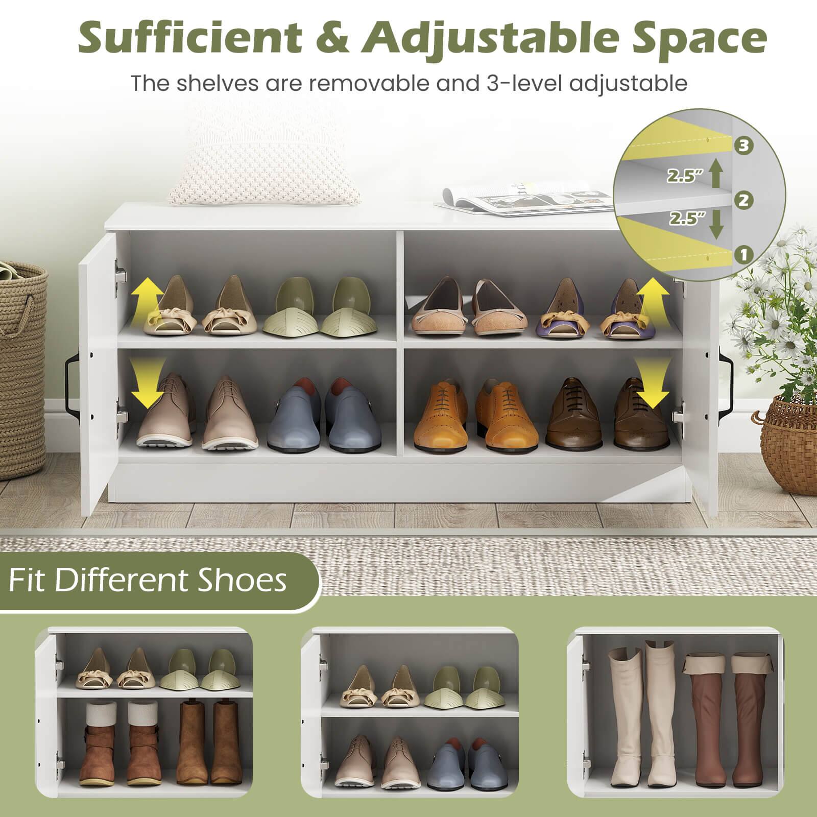 Sufficient & Adjustable Space  
The shelves are removable and 3-level adjustable  

Fit Different Shoes