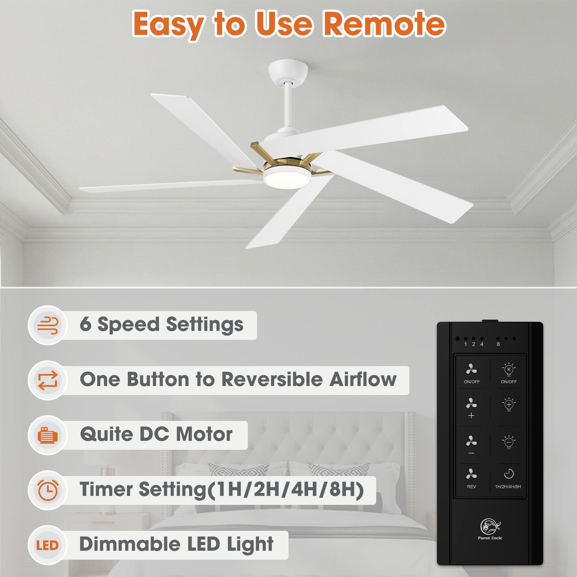 Easy to Use Remote  
6 Speed Settings  
One Button to Reversible Airflow  
Quite DC Motor  
Timer Setting (1H/2H/4H/8H)  
Dimmable LED Light