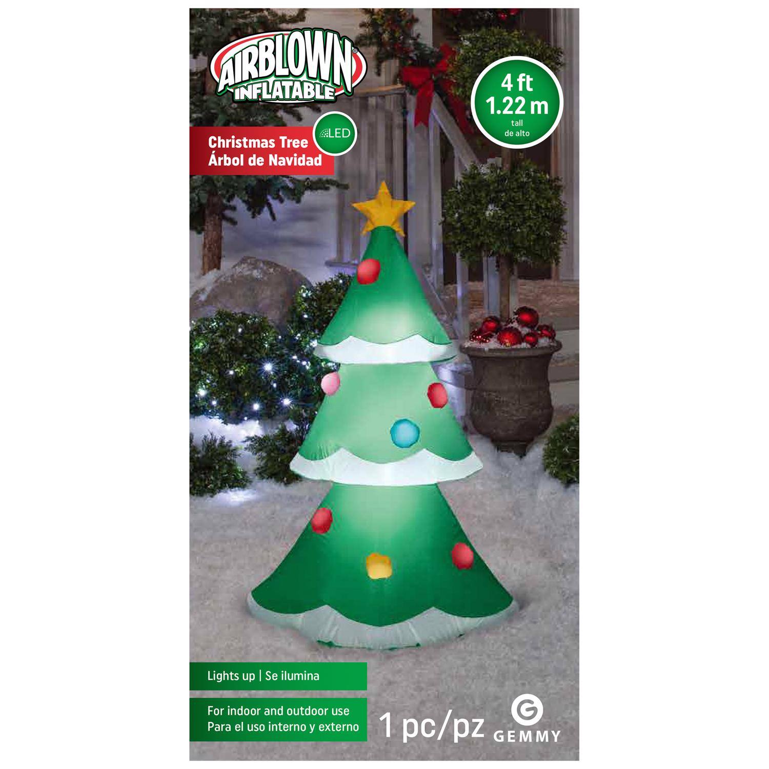 AIRBLOWN INFLATABLE  
Christmas Tree Árbol de Navidad  
4 ft 1.22 m tall de alto  
Lights up | Se ilumina  
For indoor and outdoor use Para el uso interno y externo  
1 pc/pz GEMMY