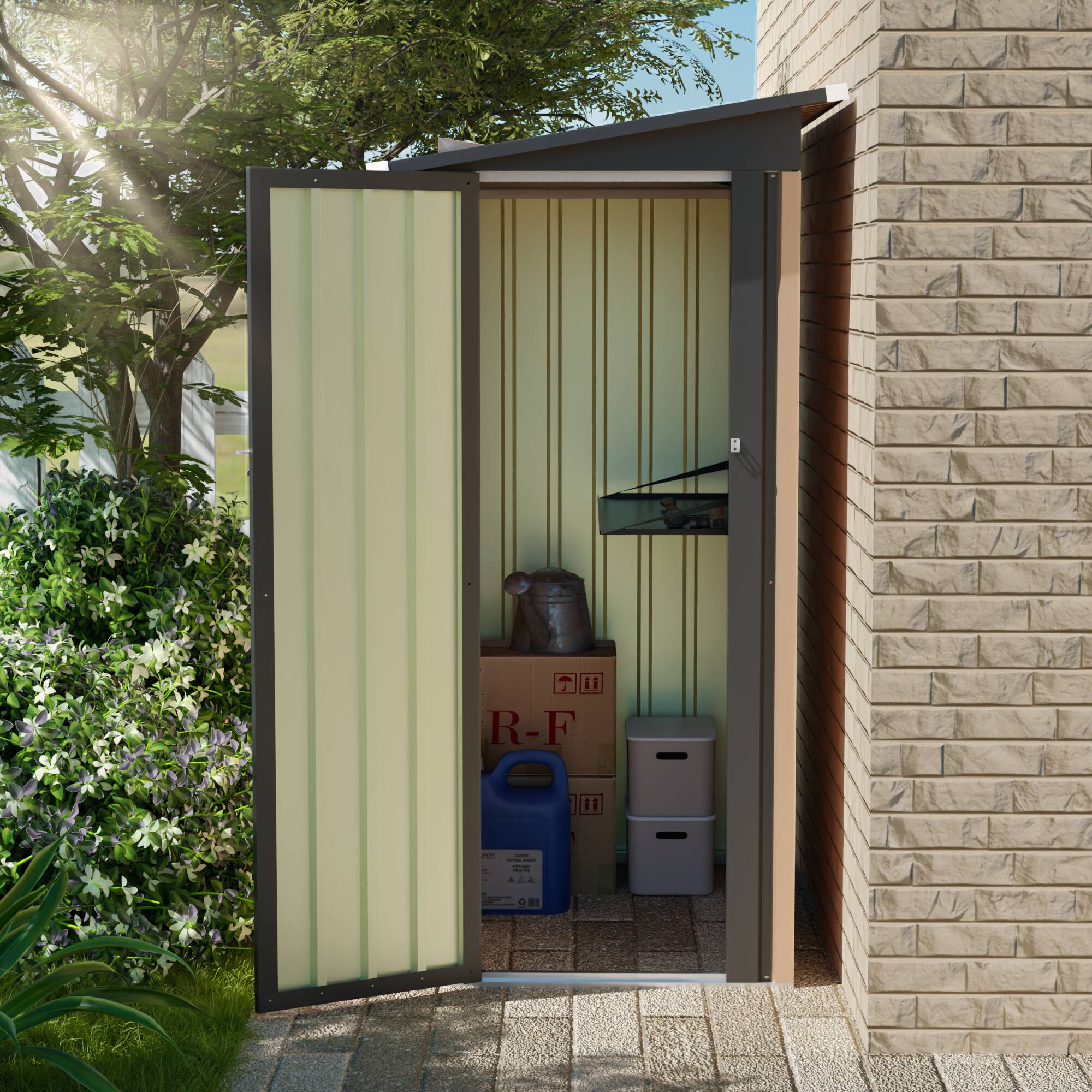 Angle. Anysun - 4.27 FT x 2.42 FT Metal Garden Shed – 5 x 3 FT Pent Roof with Side Hinge Door, Galvanized Steel Outdoor Storage - Black+Brown.