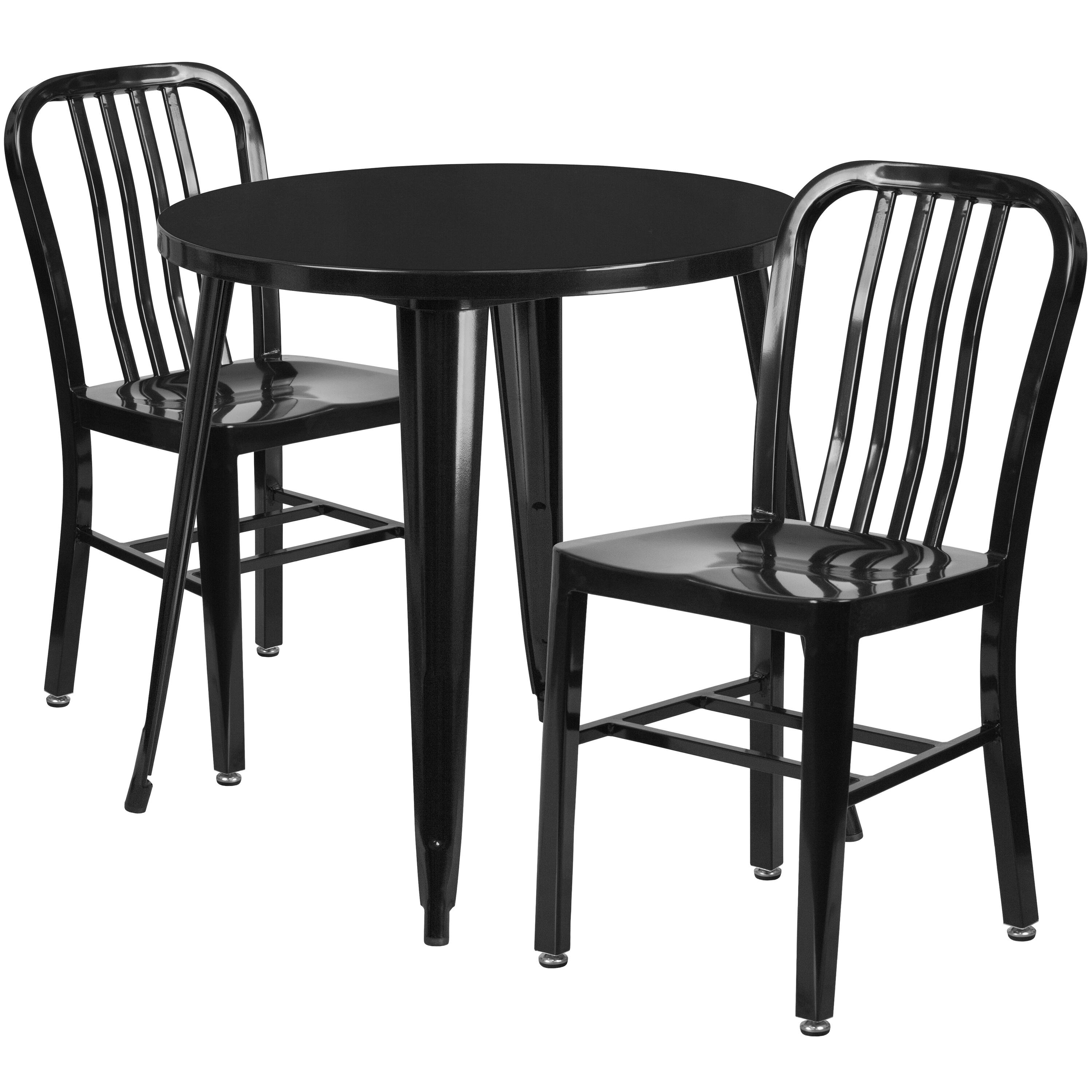 Front. Flash Furniture - Craig Commercial Grade 30" Round Black Metal Indoor-Outdoor Table Set with 2 Vertical Slat Back Chairs - Black.