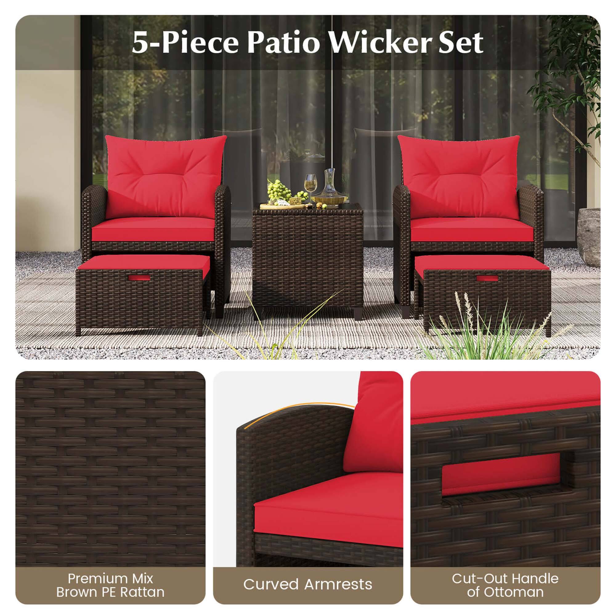 5-Piece Patio Wicker Set

Premium Mix Brown PE Rattan

Curved Armrests

Cut-Out Handle of Ottoman
