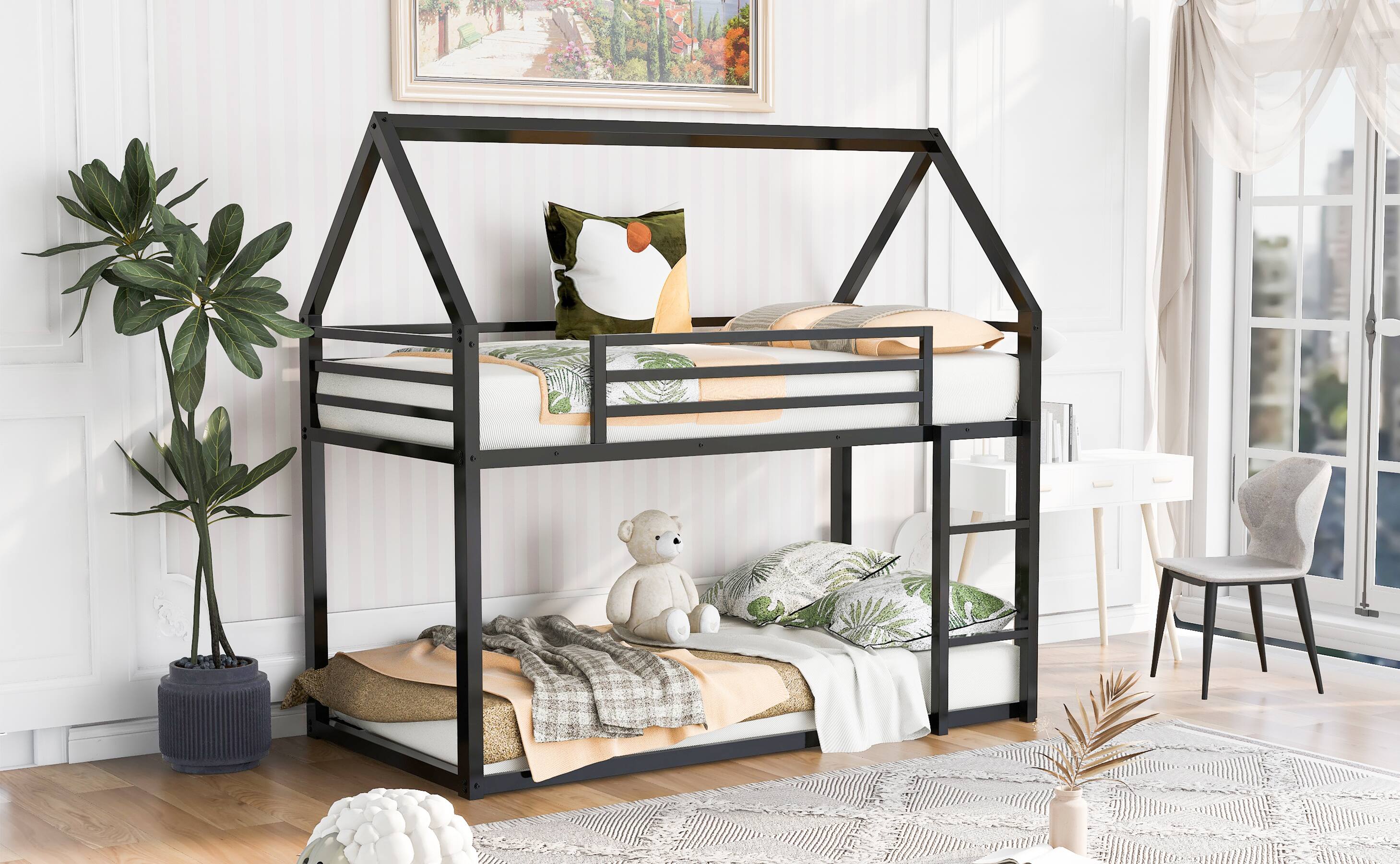 Alt View 7. Spaco - Spaco Twin over Twin Kids House Bunk Bed with Slide, Solid Metal Frame, Safety Guardrails, Built-in Ladder, for Bedroom - Black.