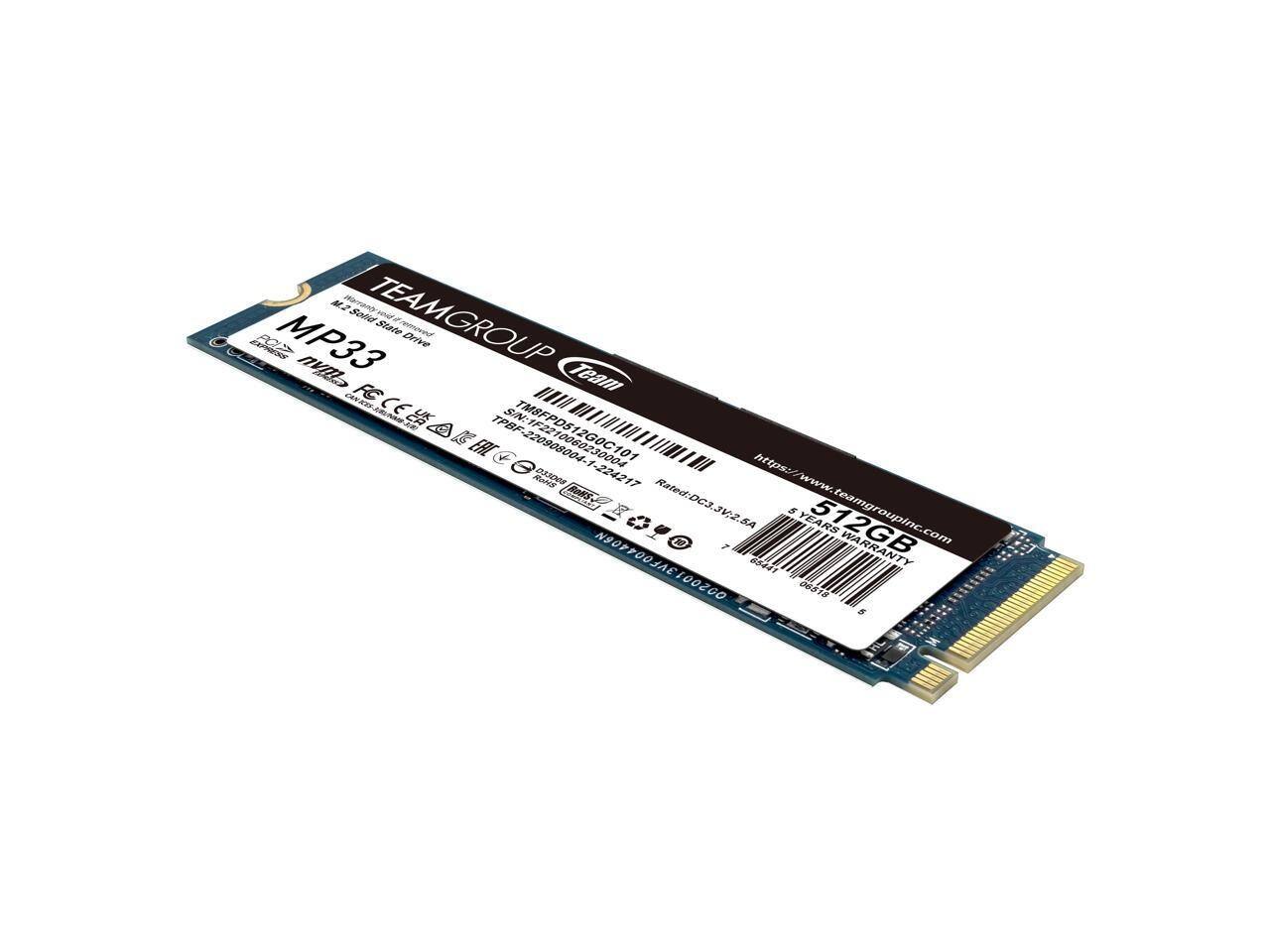 TEAMGROUP MP33  
512GB  
M.2 Solid State Drive  

SN: TMBFPDS K TM8FPD512GOC101  
220908004  
RM 2G0C101  

https://www.teamgroupinc.com  

Rated: DC3.3V2.6  
5 YEARS WARRANTY  

3VF004406N  
100200 m2  

CE  
FCC  
AA  
CA  
TPBF  
SIN: TMBFPDS K TM8FPD512GOC101  
220908004  
RM 2G0C101  

https://www.teamgroupinc.com