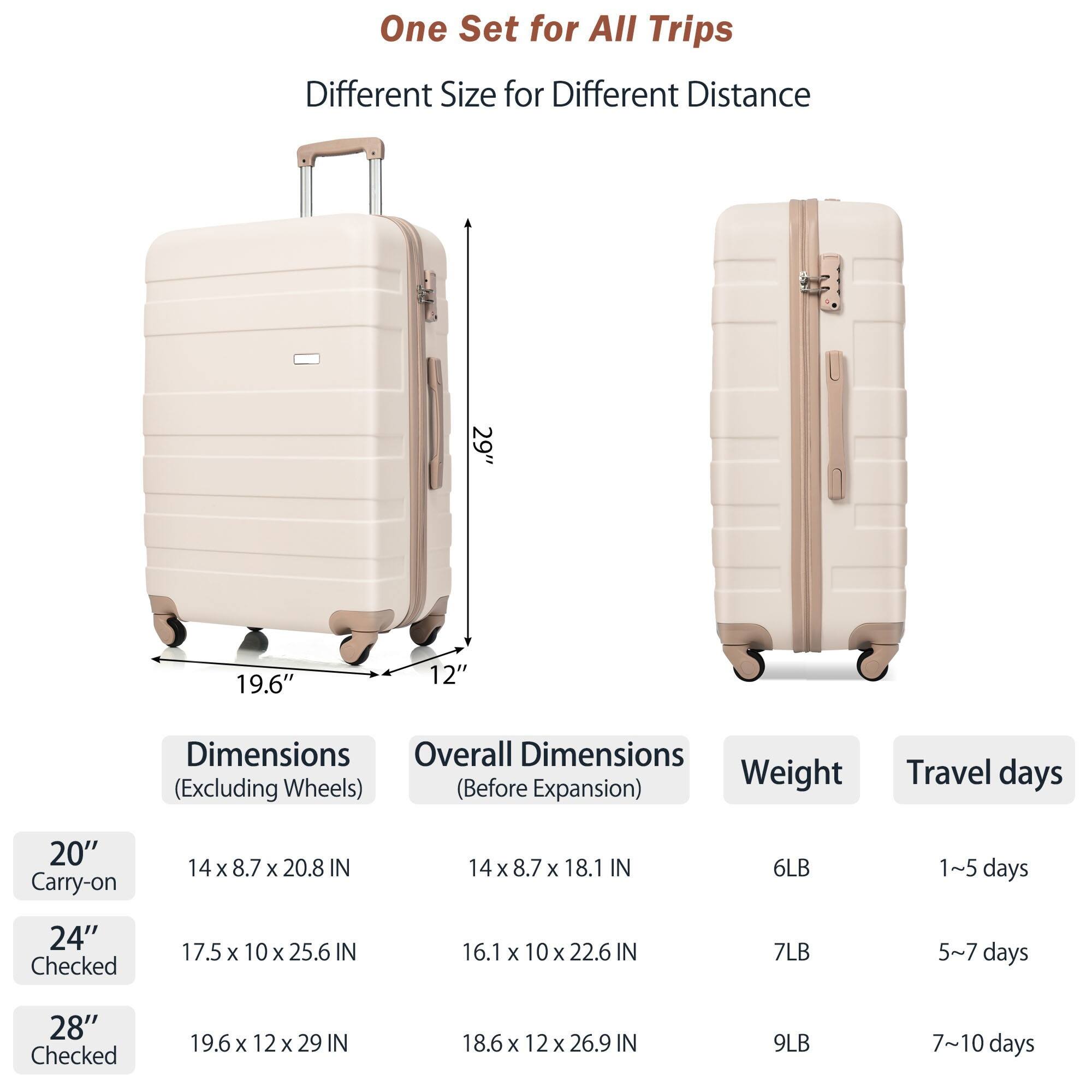 One Set for All Trips  
Different Size for Different Distance  

Dimensions (Excluding Wheels)  
20" Carry-on: 14 x 8.7 x 20.8 IN  
24" Checked: 17.5 x 10 x 25.6 IN  
28" Checked: 19.6 x 12 x 29 IN  

Overall Dimensions (Before Expansion)  
20" Carry-on: 14 x 8.7 x 18.1 IN  
24" Checked: 16.1 x 10 x 22.6 IN  
28" Checked: 18.6 x 12 x 26.9 IN  

Weight  
20" Carry-on: 6LB  
24" Checked: 7LB  
28" Checked: 9LB  

Travel days  
20" Carry-on: 1~5 days  
24" Checked: 5~7 days  
28" Checked: 7~10 days