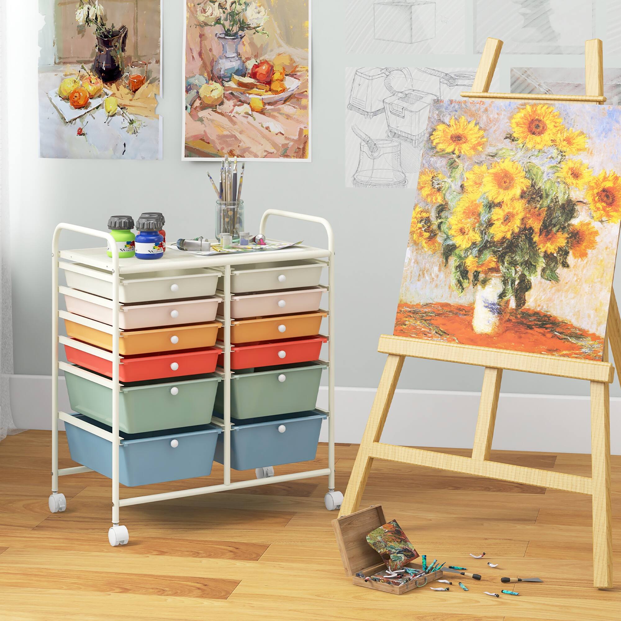 Alt View 1. Gymax - Gymax Office Rolling Cart 12 Storage Drawer Studio Organizer Bins Scrapbook Paper Rainbow - Macaron.