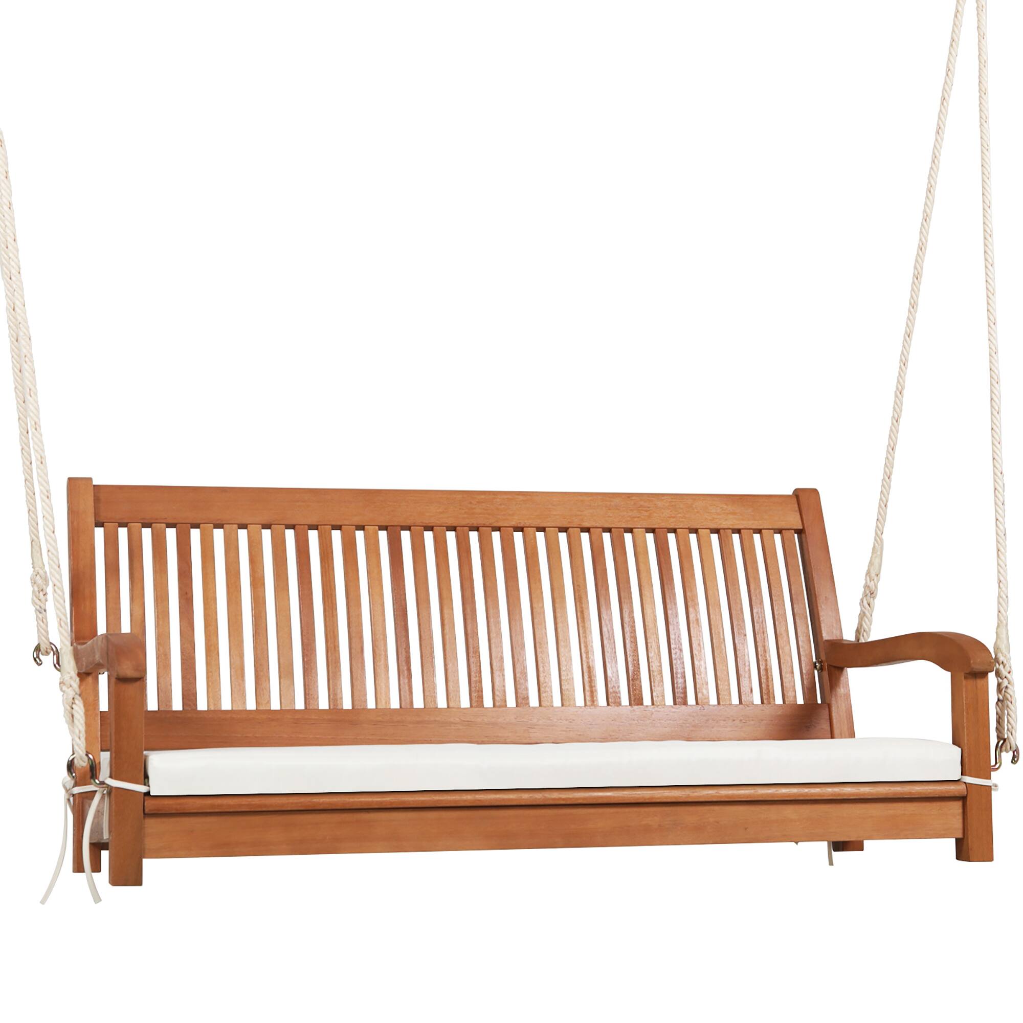 Alt View 9. Gymax - Gymax 2-Seat Patio Hanging Wooden Porch Swing Bench w/ Cushion & Hanging Ropes - Natural.
