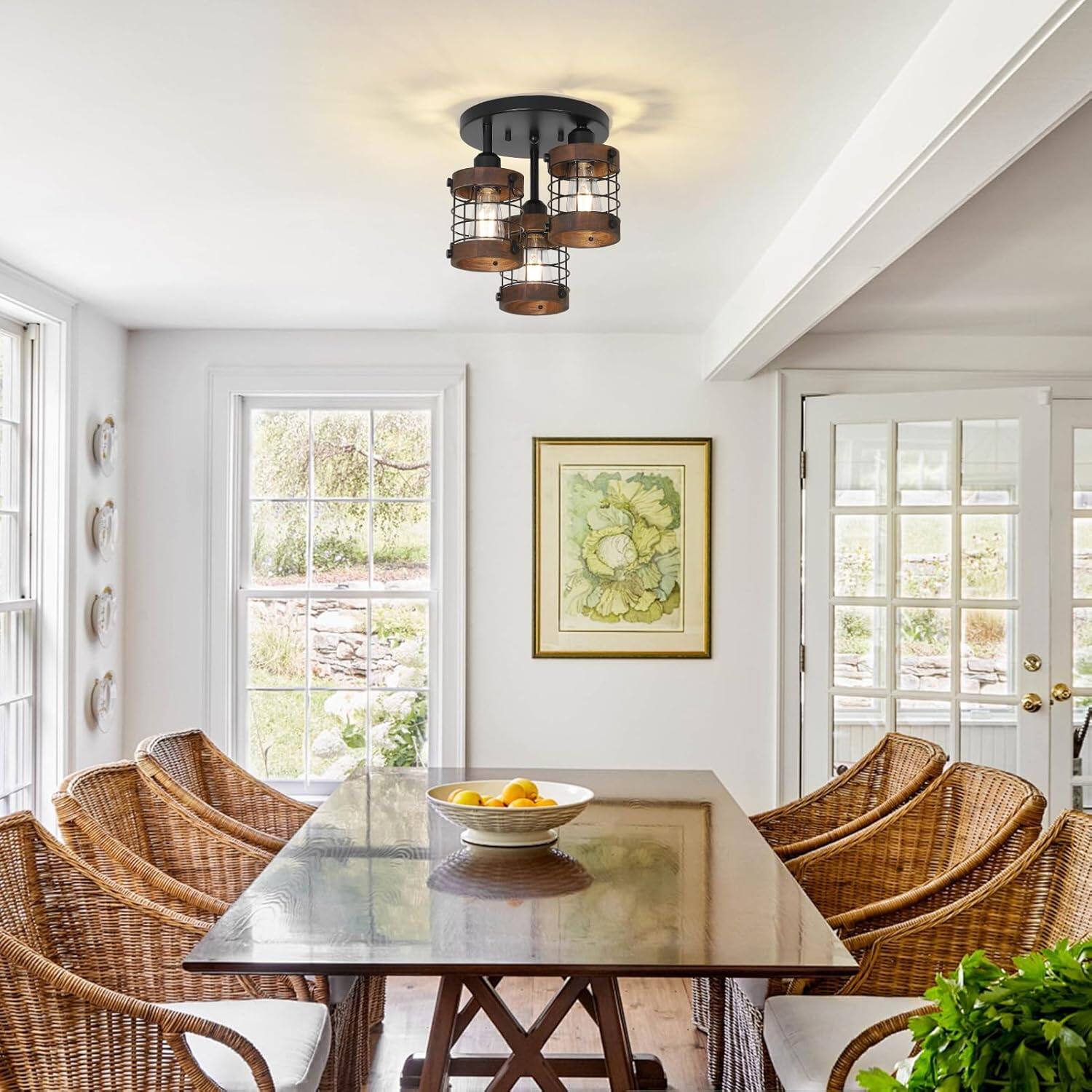 Alt View 4. Z-Edge - Semi Flush Mount Ceiling Light,3-Light Farmhouse Chandelier Light Fixtures Ceiling Mount for Dining Room Kitchen Bedroom - Brown.