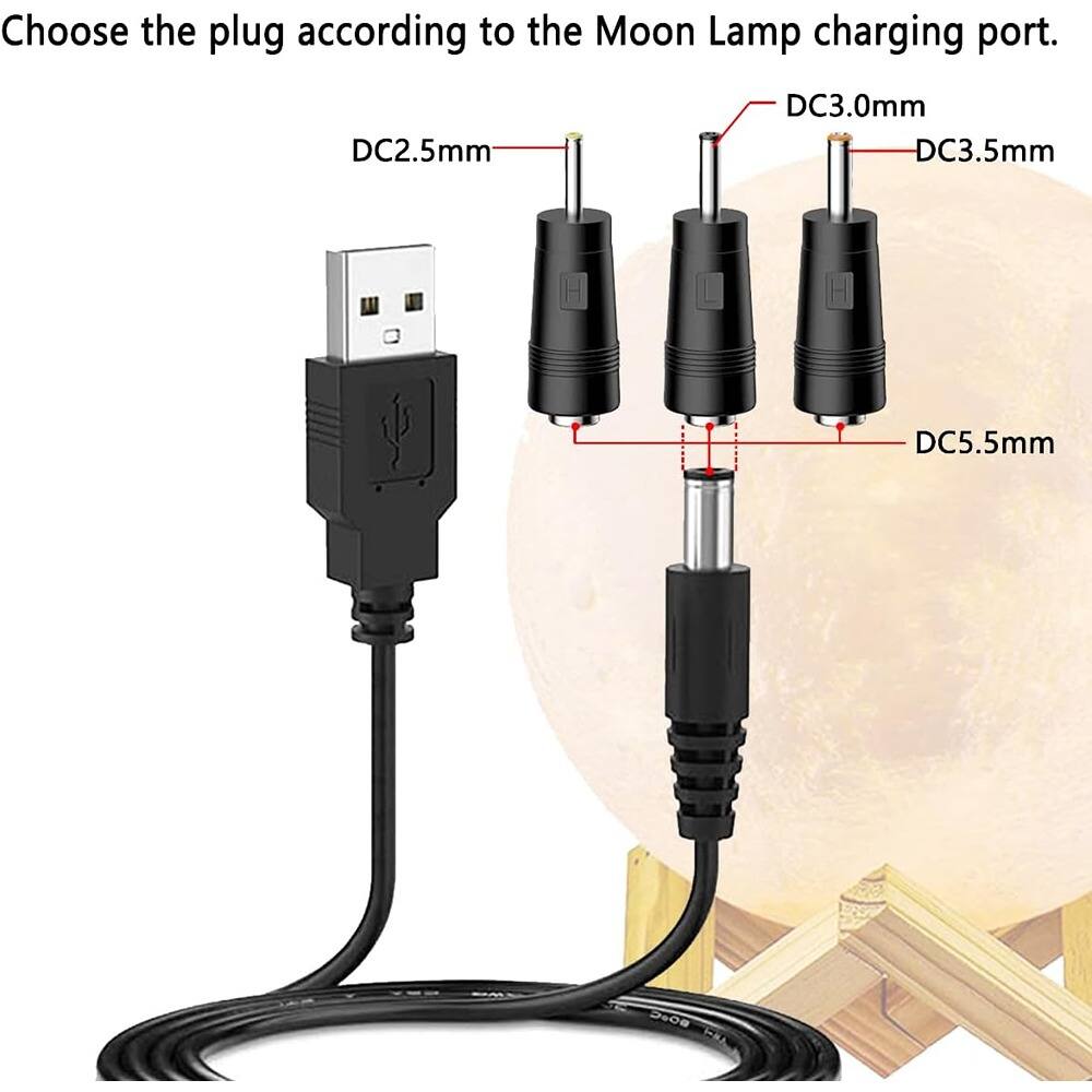 Choose the plug according to the Moon Lamp charging port.

- DC2.5mm
- DC3.0mm
- DC3.5mm
- DC5.5mm